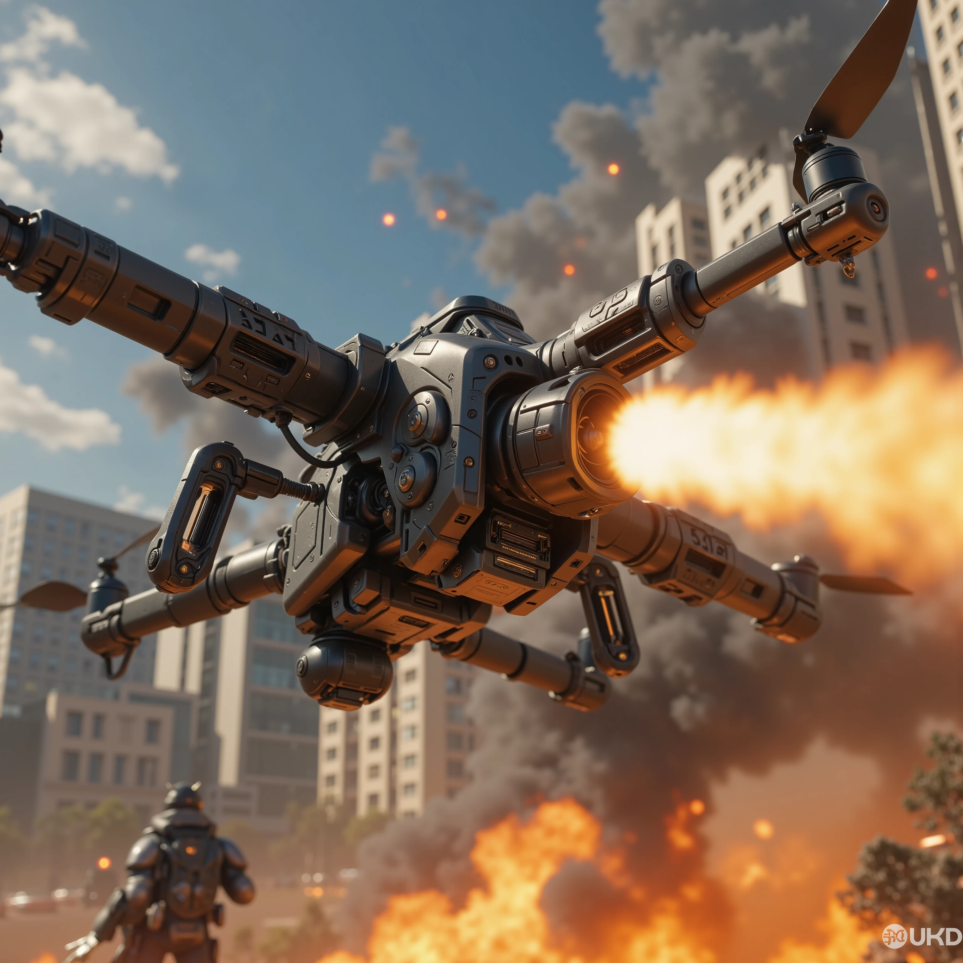 (best quality,4k,8k,highres,masterpiece:1.2), ultra-detailed. In a major city in the future we see a close up of a drone with automatic gunfire pouring out of it in broad daylight. Professional futuristic drone. Orange gunfire explosions. Macro photography. Ultra realistic, photorealistic, war, cinematic photography, cinematic lighting, cinematic portrait, portrait photography, cinematography, full focus, UHDR, portrait photography, cyberpunk cityscape, futurism, highest quality, masterpiece.