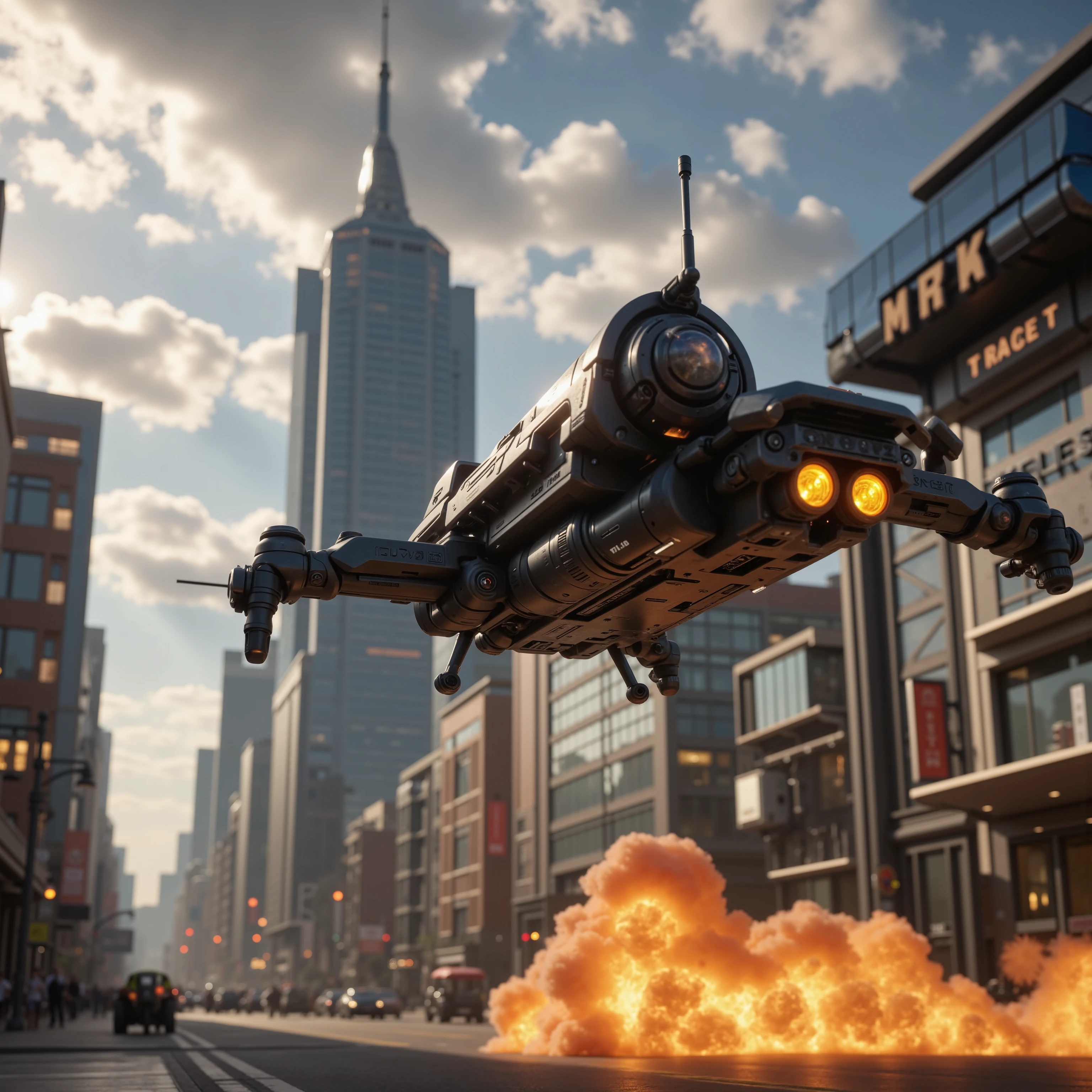 (best quality,4k,8k,highres,masterpiece:1.2), ultra-detailed.  In a major city in the future  we see a close up of a drone with automatic gunfire pouring out of it in broad daylight. Professional futuristic drone. Orange gunfire explosions. Macro photography. Ultra realistic, photorealistic, war, cinematic photography, cinematic lighting, cinematic portrait, portrait photography, cinematography, full focus, UHDR,  portrait photography, cyberpunk cityscape, futurism, highest quality, masterpiece.