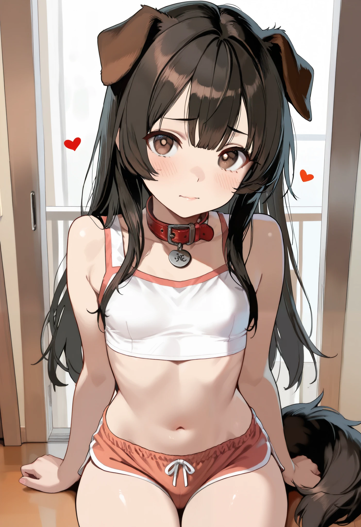 1girl, long hair, breasts, looking at viewer, blush, bangs, large breasts, black hair, navel, animal ears, cleavage, bare shoulders, medium breasts, closed mouth, standing, collarbone, tail, yellow eyes, thighs, solo focus, midriff, cat ears, collar, cat tail, animal ear fluff, bare arms,cat girl, neck bell, camisole, red shorts, red collar, smiling, bikini
