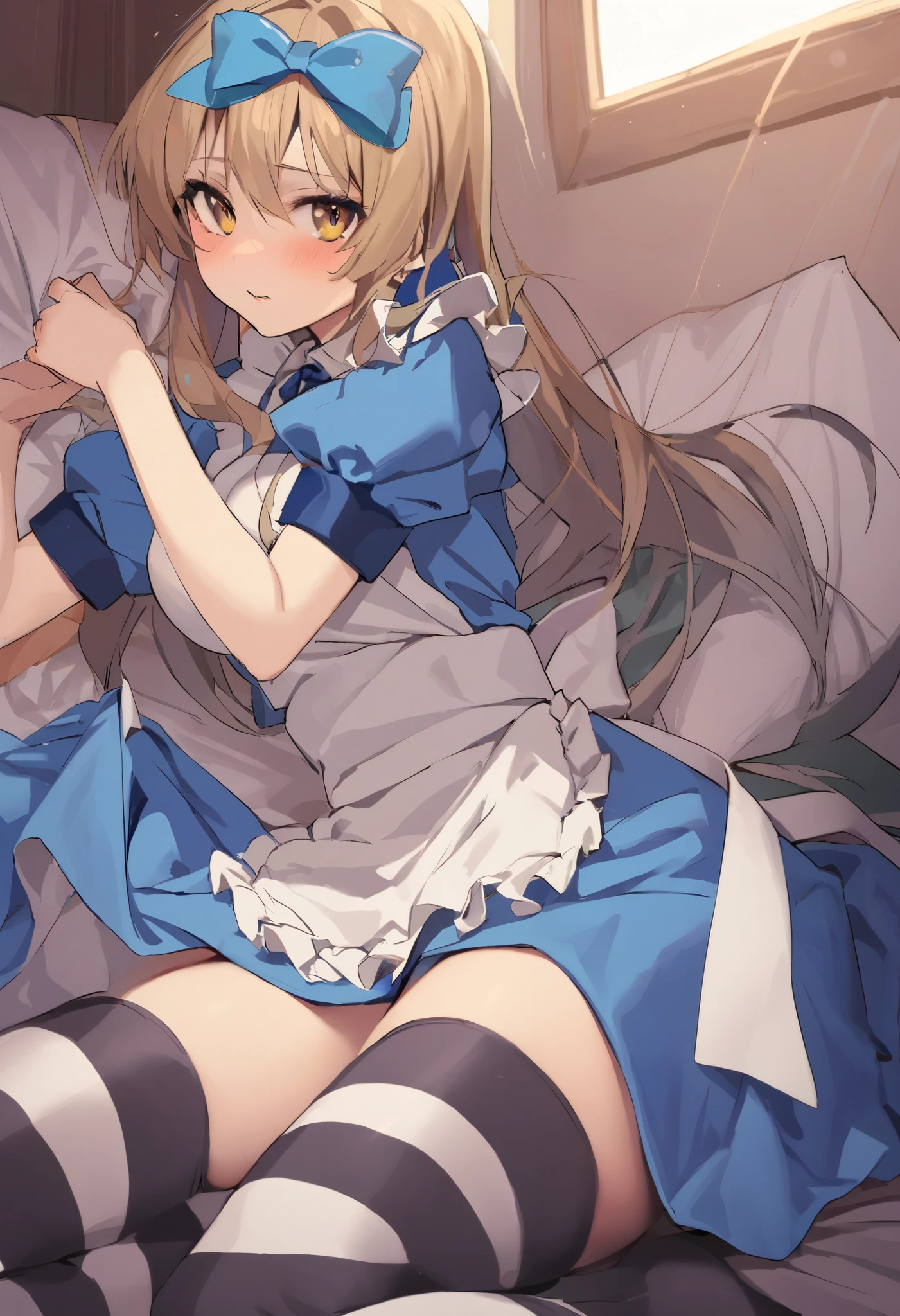 1 girl, medium boobs,Alone, ALISCOS , thigh high socks, legwear, hair bow, Blue Dress , short sleeve, ruffle apron, puffy short sleeve, top quality,medium quality,