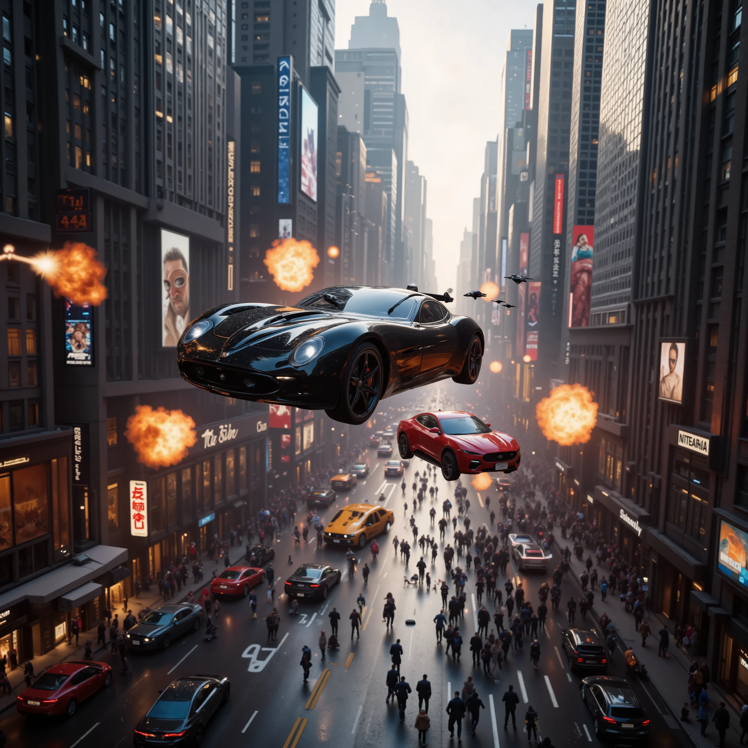 (best quality,4k,8k,highres,masterpiece:1.2), ultra-detailed. A hover car 10 stories high above a busy street in a major city in the future opens fire on another car that is parallel with it. The image shows a glossy black car has explosive fire coming out of it and a red car across from it being riddled with bullets. Drones come in shooting out of a clear blue sky. People on the ground and cars in mid air are sprayed with automatic gun fire. Buildings and cars are on fire and blood and bodies are all over the streets. Death and destruction can be seen everywhere. Ultra realistic, realism, cinematic photography, cinematic lighting, cinematic portrait, portrait photography, cinematography, full focus, UHDR, visually disorienting, portrait photography, surrealism, etheral, cyberpunk cityscape, futurism, highest quality, masterpiece.