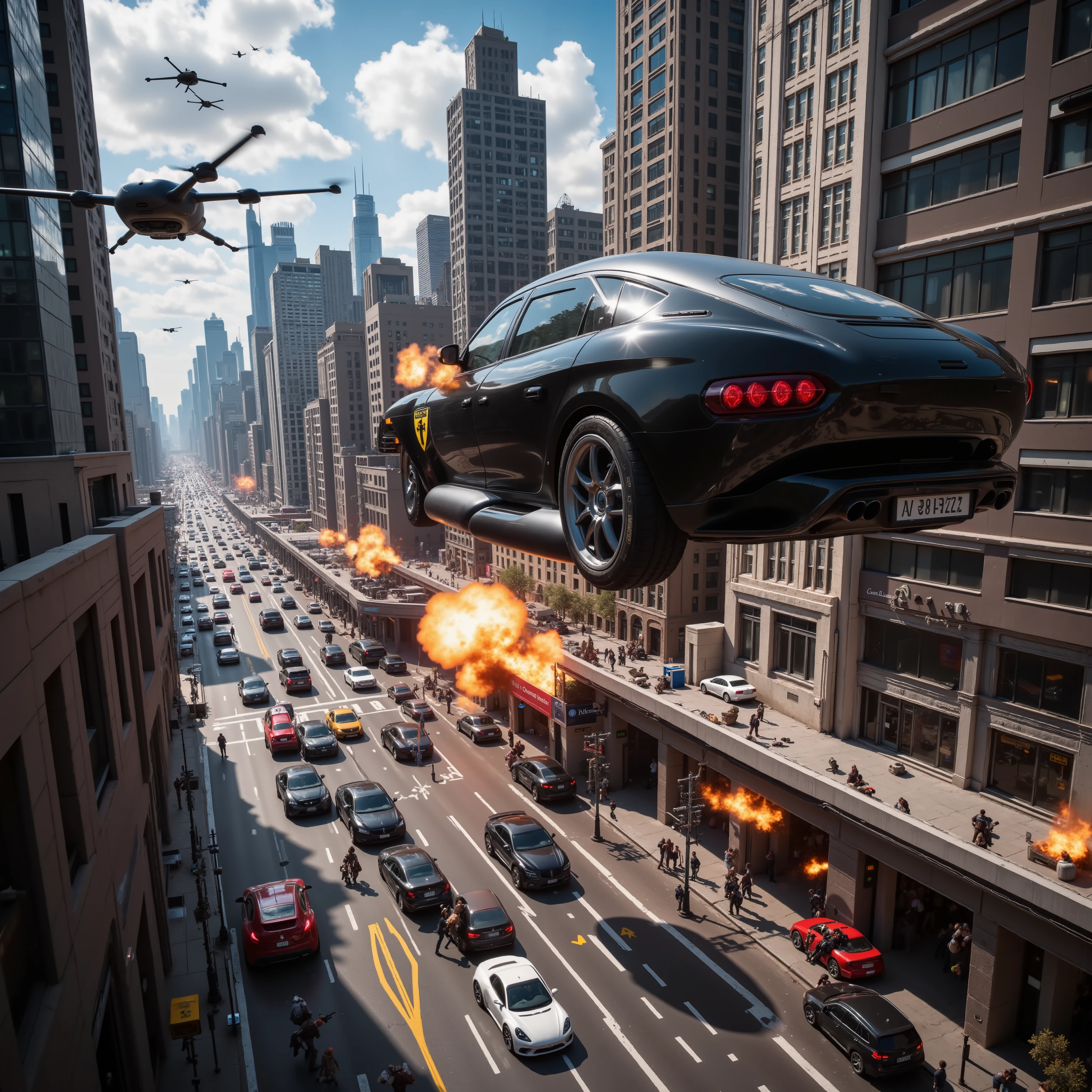 (best quality,4k,8k,highres,masterpiece:1.2), ultra-detailed. A hover car 10 stories high above a busy street in a major city in the future opens fire on another car that is parallel with it. The image shows a glossy black car has explosive fire coming out of it and a red car across from it being riddled with bullets. Drones come in shooting out of a clear blue sky. People on the ground and cars in mid air are sprayed with automatic gun fire. Buildings and cars are on fire and blood and bodies are all over the streets. Death and destruction can be seen everywhere. Ultra realistic, realism, cinematic photography, cinematic lighting, cinematic portrait, portrait photography, cinematography, full focus, UHDR, visually disorienting, portrait photography, surrealism, etheral, cyberpunk cityscape, futurism, highest quality, masterpiece.