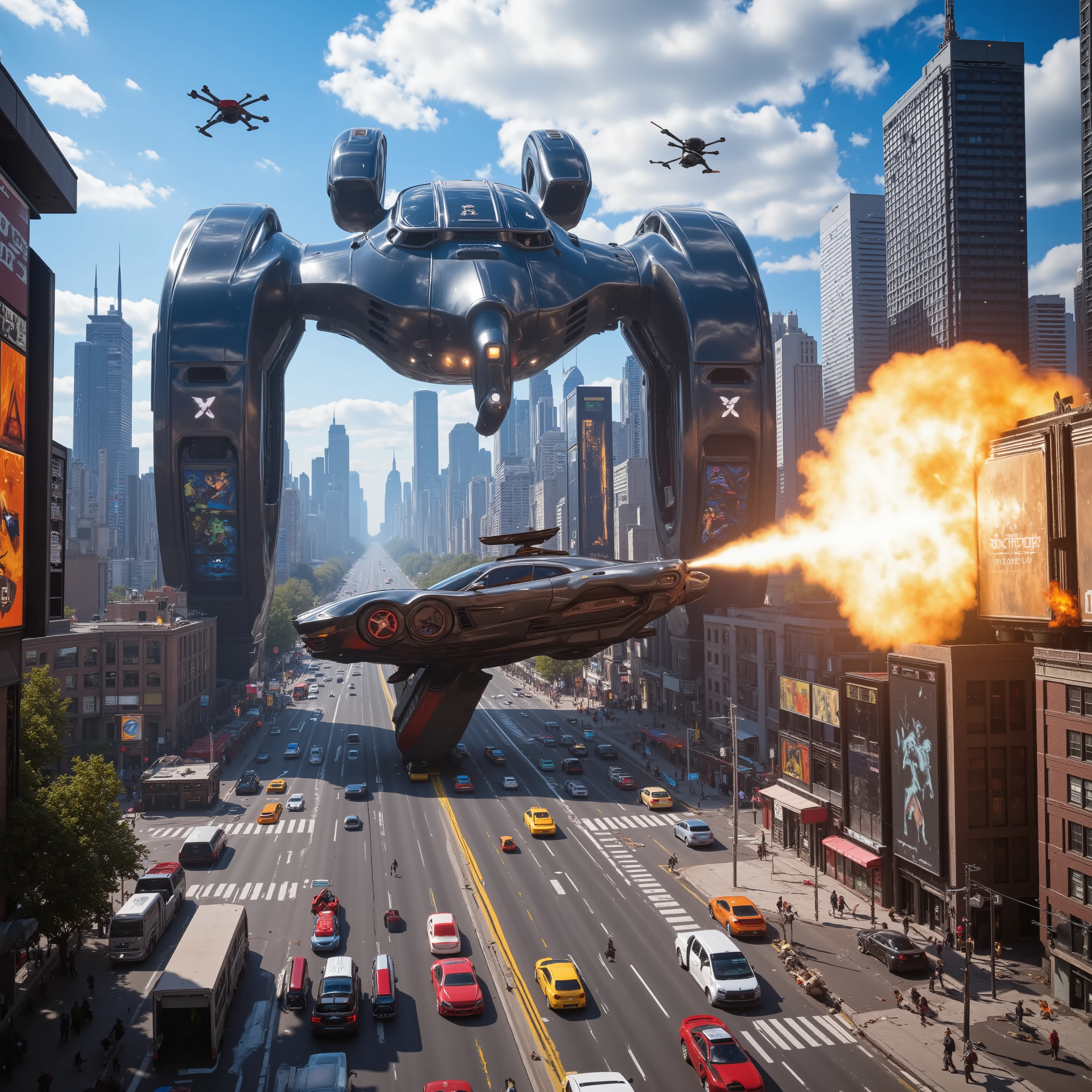 (best quality,4k,8k,highres,masterpiece:1.2), ultra-detailed. A hover car 10 stories high above a busy street in a major city in the future opens fire on another car that is parallel with it. The image shows a glossy black car has explosive fire coming out of it and a red car across from it being riddled with bullets. Drones come in shooting out of a clear blue sky. People on the ground and cars in mid air are sprayed with automatic gun fire. Buildings and cars are on fire and blood and bodies are all over the streets. Death and destruction can be seen everywhere. Ultra realistic, realism, cinematic photography, cinematic lighting, cinematic portrait, portrait photography, cinematography, full focus, UHDR, visually disorienting, portrait photography, surrealism, etheral, cyberpunk cityscape, futurism, highest quality, masterpiece.