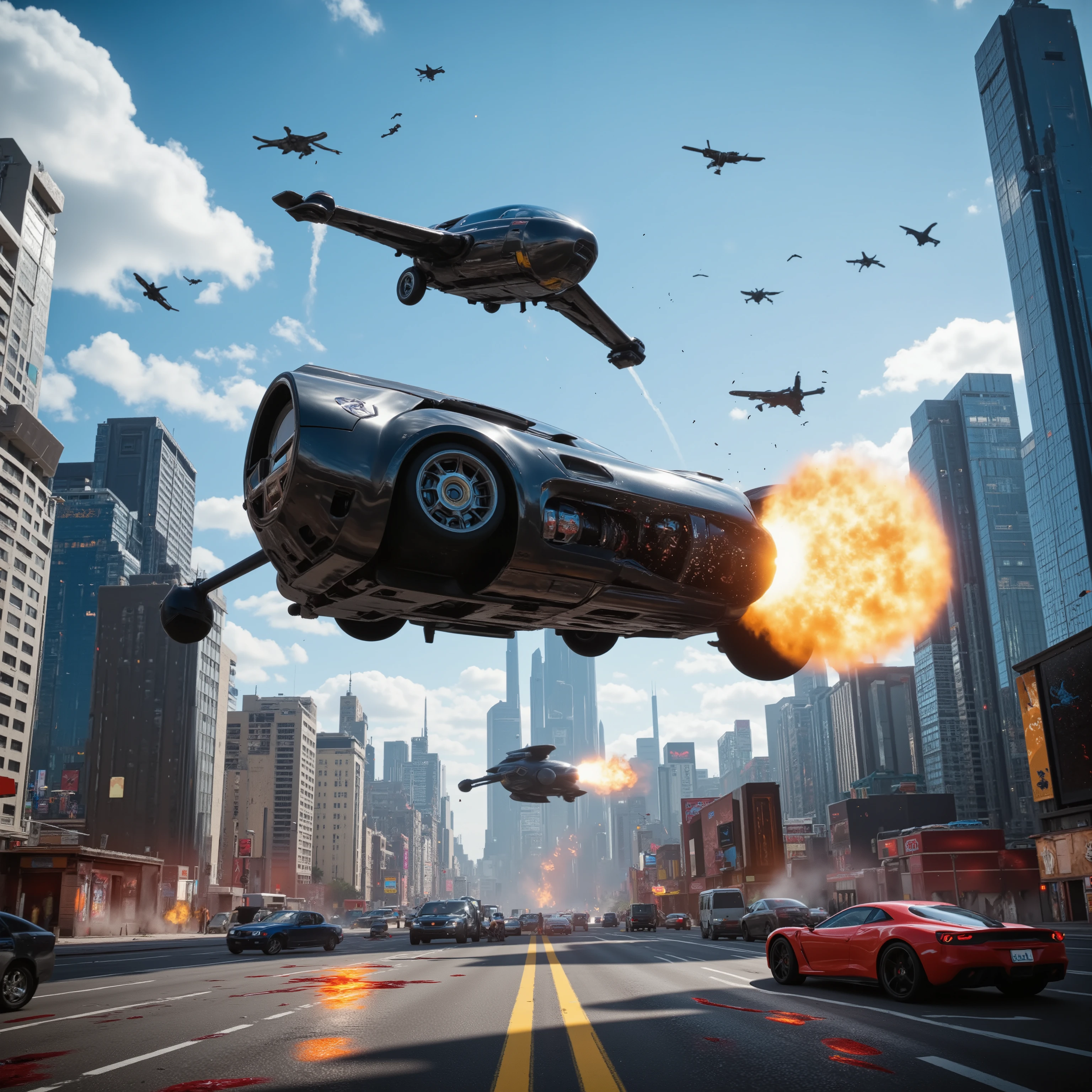 (best quality,4k,8k,highres,masterpiece:1.2), ultra-detailed. A hover car 10 stories high above a busy street in a major city in the future opens fire on another car that is parallel with it. The image shows a glossy black car has explosive fire coming out of it and a red car across from it being riddled with bullets. Drones come in shooting out of a clear blue sky. People on the ground and cars in mid air are sprayed with automatic gun fire. Buildings and cars are on fire and blood and bodies are all over the streets. Death and destruction can be seen everywhere. Ultra realistic, realism, cinematic photography, cinematic lighting, cinematic portrait, portrait photography, cinematography, full focus, UHDR, visually disorienting, portrait photography, surrealism, etheral, cyberpunk cityscape, futurism, highest quality, masterpiece.
