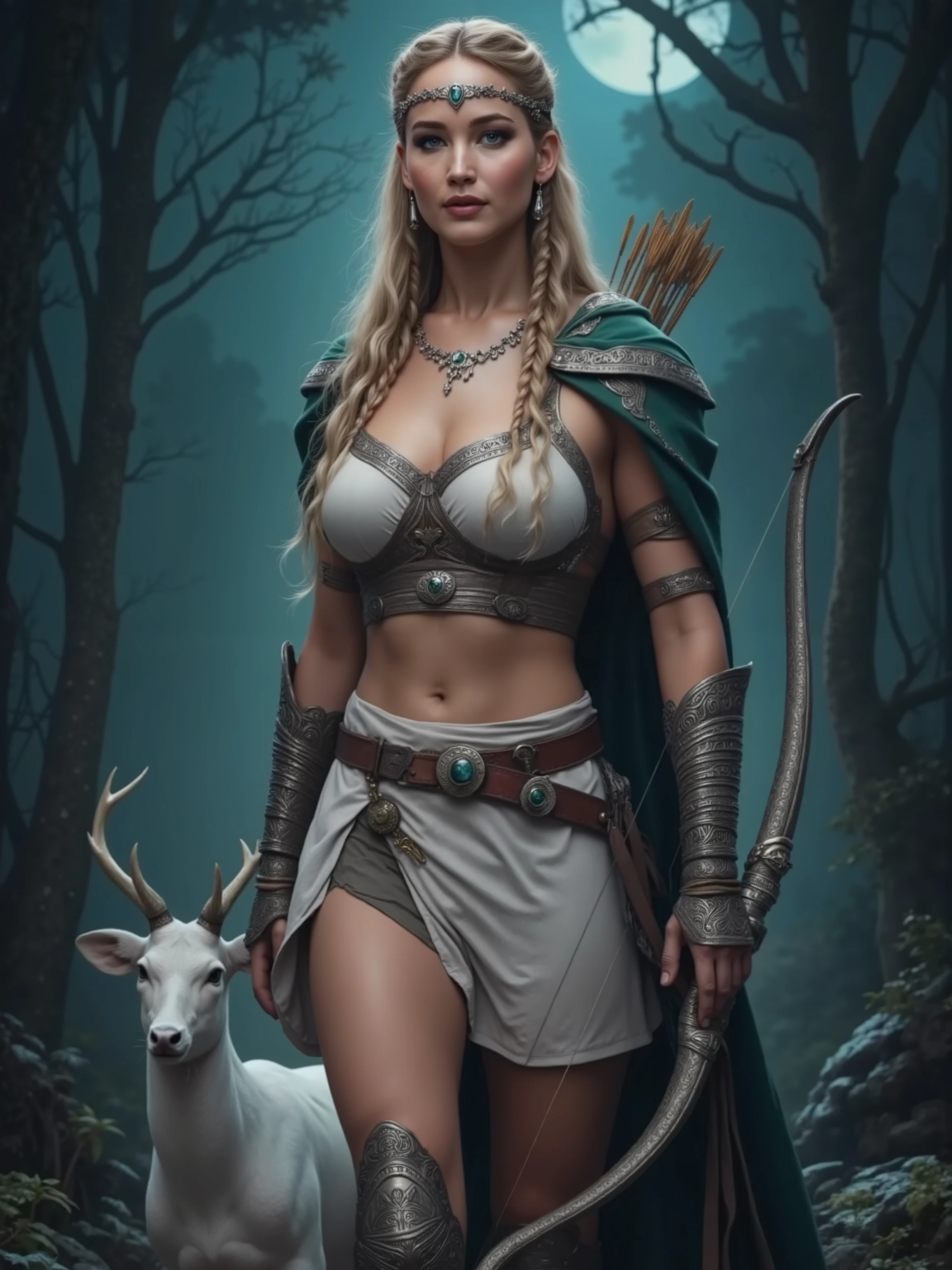 Jennifer Lawrence reimagined as a majestic hot and gorgeous Greek goddess Artemis walking and holding silver bow、1 female、 full figure, full body, cleavage,
striking blue-gray eyes filled with fierce determination and quiet confidence. Her long, blonde hair is braided loosely, with a few strands framing her face, and a silver crescent moon diadem rests on her forehead, symbolizing her connection to the night and the hunt.
She wears a short, flowing white tunic cinched at the waist with a braided silver belt adorned with moonstone and emerald accents. Over her shoulders, a forest-green cloak with silver embroidery of deer, wolves, and crescent moons drapes elegantly, fastened by a silver brooch shaped like a stag’s head. Her arms are wrapped in soft leather bracers decorated with swirling silver patterns, and she carries a quiver filled with silver-tipped arrows slung across her back. In her hand, she holds a finely crafted silver bow, while a loyal white stag, her sacred animal, stands gracefully beside her, its antlers shimmering softly in the moonlight.
big breast、 alluring 、shows her female character's full figure, athletic body, perfect face, full body, extremely beautiful, goddess, female shape, perfect anatomy, The background showcases A mystical forest bathed in soft moonlight, with towering ancient trees, sparkling streams, and a star-filled night sky, evoking the serenity and wild beauty of nature., photorealistic, masterpiece, realistic, high contrast, 8k, HD, high definition detailed, detailed, hyper detailed, realistic skin texture, best quality, ultra high resolution, hyper realistic, no text, very detailed eyes, dramatic lighting