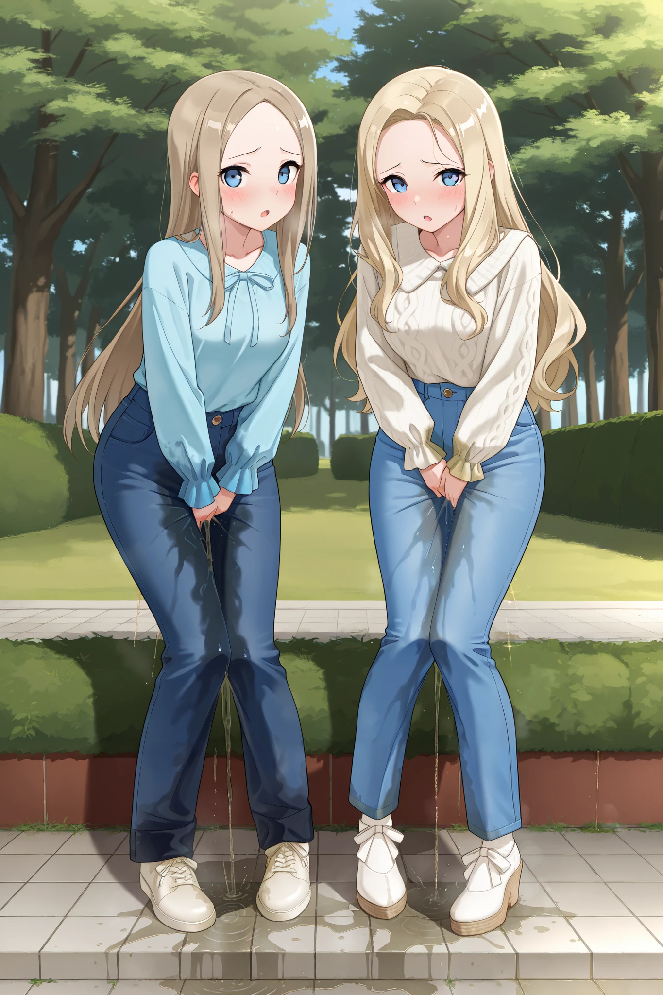 masterpiece, best quality, amazing quality, 2girls, youthful female, scandinavian, lovely long hair, forehead, beautiful eyes, (wetting herself:1.8), desperation, (large stain:1.0), blue denim pants, casual winter outfit, winter footwear, medium , looking at viewer, :O, outdoor setting in february in scandinavia, full body, absurdres, Fashion photography
