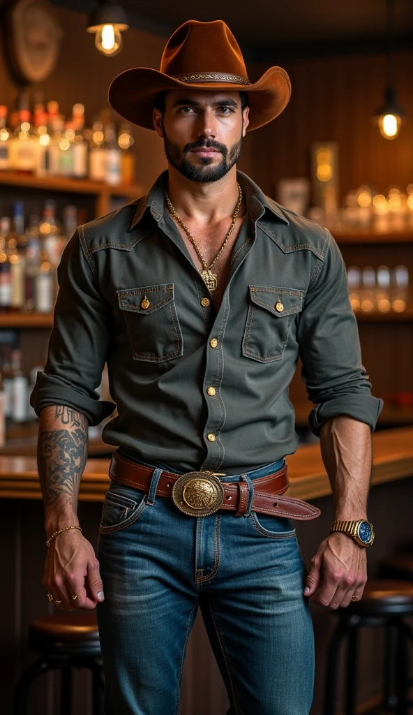 spectacular HDR handsome Lebanese muscular man with tight jeans, strong and muscular legs, large lump, thick belt large buckle , with Oxford shirt country fashion gold metallic , gold chain , and velvet country hat , all fashionable and well fashionable background bar country close up, hdr, close up, volume, bodybuilder , butch