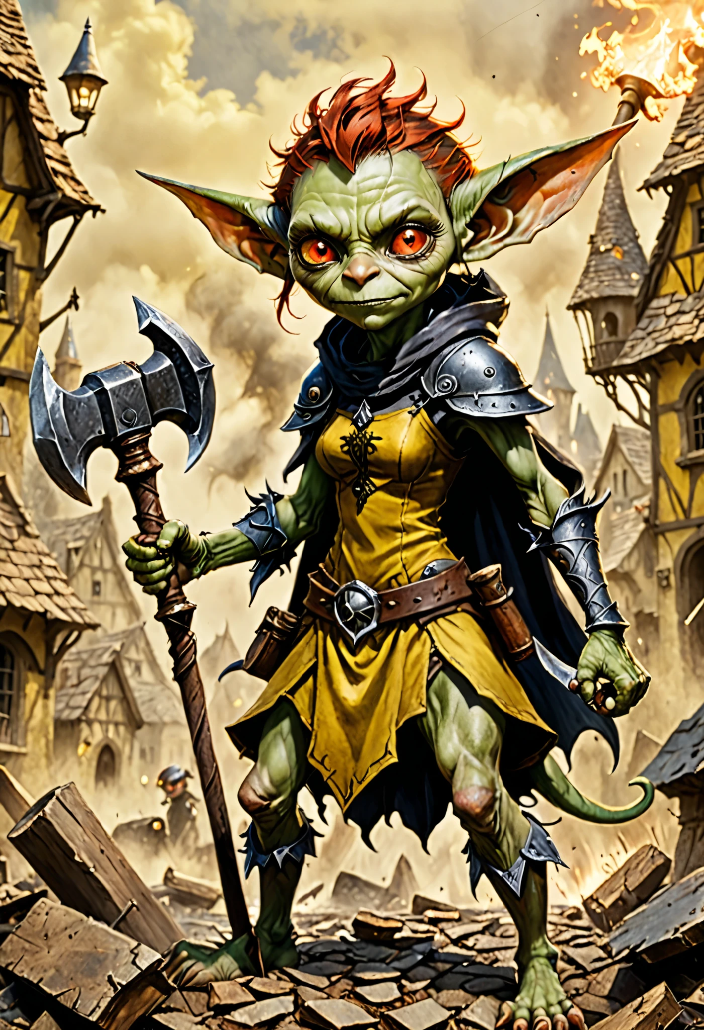 (masterpiece, best quality, amazing quality), (hand drawing:1.2), only black ink on yellow craft paper, old paper, scorched paper, Realistic character, cute goblin female, redhead, red eyes, full body portrait, holding a big hammer, nerdy, timbougami, akabur, skinny, revealing clothes, little smile, in battle, dynamic composition, intricate gloomy background, dark fantasy style, dark arts, depth of field, fighting