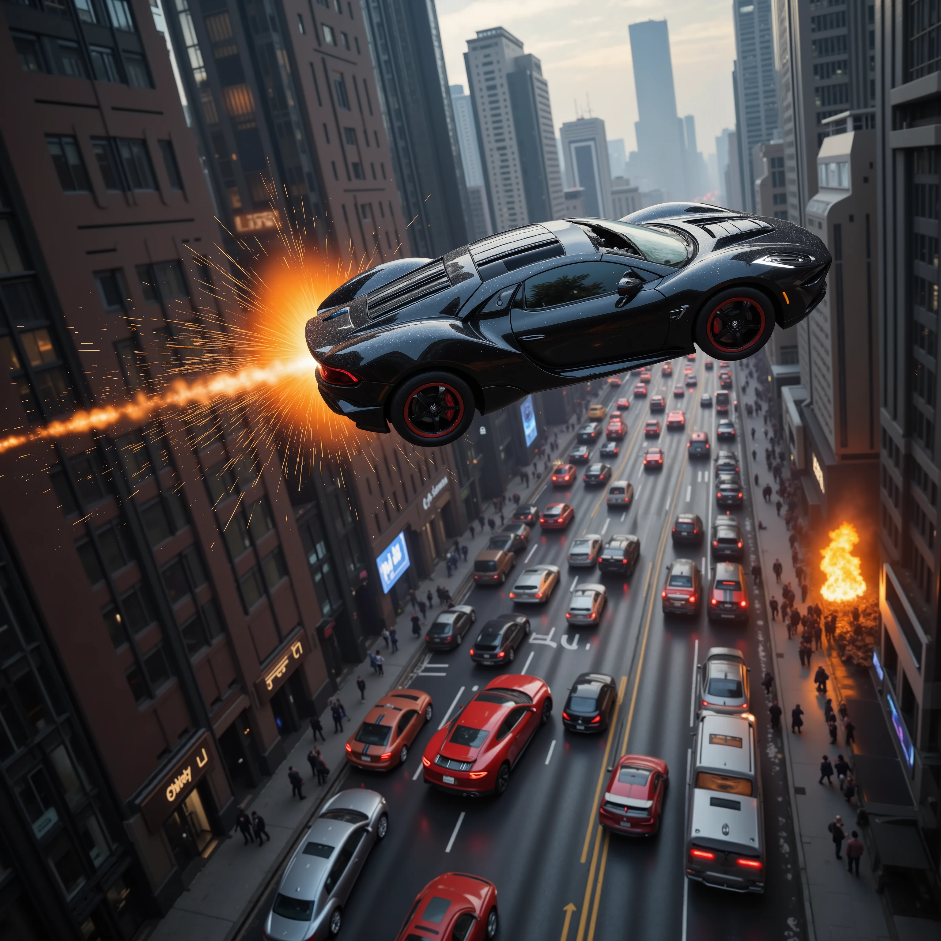 (best quality,4k,8k,highres,masterpiece:1.2), ultra-detailed. A hover car 10 stories high above a busy street in a major city in the future opens fire on another car that is parallel with it. <Lora:hk-m223c The image shows a glossy black car with a hk- m223a barrel being held out the window with orange explosive rapid fire coming out of it and a red car across from it being riddled with bullets. Bullet holes can be seen across the entire car. One person inside jumps out and lands in the street below. The black car goes after him. The red car catches fire and crashes into a group of business men a half a block away. Ultra realistic, realism, cinematic photography, cinematic lighting, cinematic portrait, portrait photography, cinematography, full focus, UHDR, visually disorienting, portrait photography, surrealism, etheral, cyberpunk cityscape, futurism, highest quality, masterpiece.