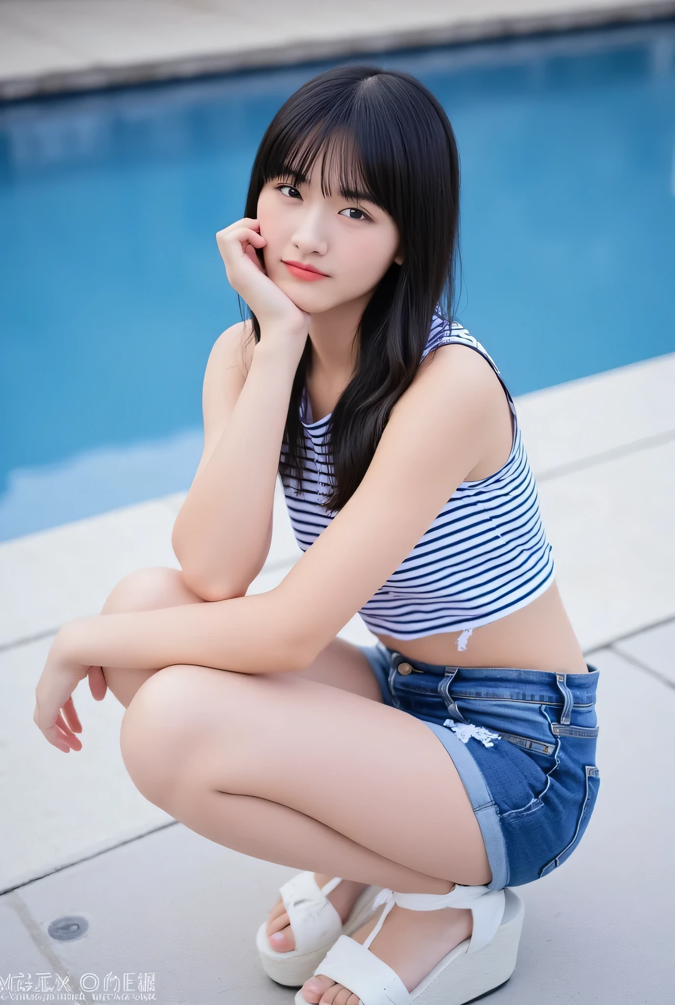 This image、 Show a young woman named Ten sitting with her knees bent and one hand on her chin I'm doing. She has long straight hair and bangs . She wears a sleeveless top with China blue and white horizontal stripes , and distressed denim shorts , Show me her pure white thighs . She has white platform sandals with ankle straps . The background looks like an outdoor setting with a blue surface .