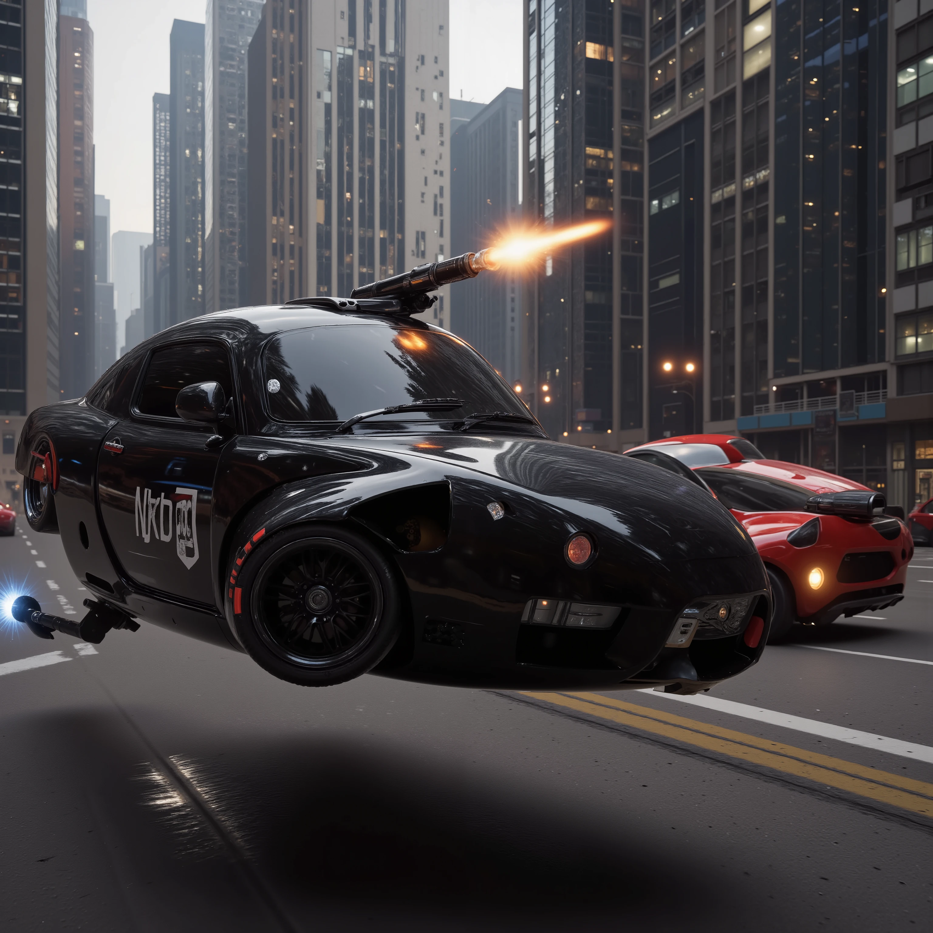 (best quality,4k,8k,highres,masterpiece:1.2), ultra-detailed. <Lora:hk-m223c The image shows a glossy black hover car with a hk- m223a barrel being held out the window with orange explosive fire coming out of it and a red car across from it being riddled with bullets. Bullet holes can be seen across the entire car. At the same time it shoots at the building across from it, fire can be seen coming fro the windows. Ultra realistic, realism, cinematic photography, cinematic lighting, cinematic portrait, portrait photography, cinematography, full focus, UHDR, visually disorienting, portrait photography, surrealism, etheral, cyberpunk cityscape, futurism, highest quality, masterpiece.