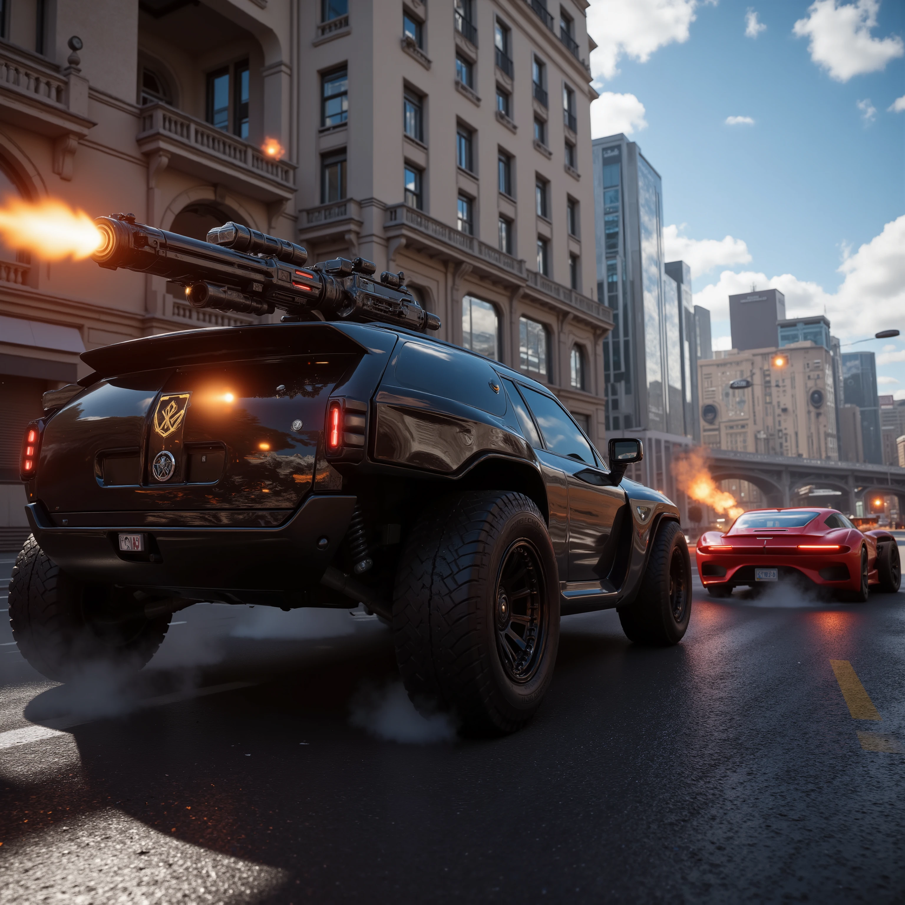 (best quality,4k,8k,highres,masterpiece:1.2), ultra-detailed. <Lora:hk-m223c The image shows a glossy black hover car with a hk- m223a barrel being held out the window with orange explosive fire coming out of it and a red car across from it being riddled with bullets. Bullet holes can be seen across the entire car. At the same time it shoots at the building across from it, fire can be seen coming fro the windows. Ultra realistic, realism, cinematic photography, cinematic lighting, cinematic portrait, portrait photography, cinematography, full focus, UHDR, visually disorienting, portrait photography, surrealism, etheral, cyberpunk cityscape, futurism, highest quality, masterpiece.