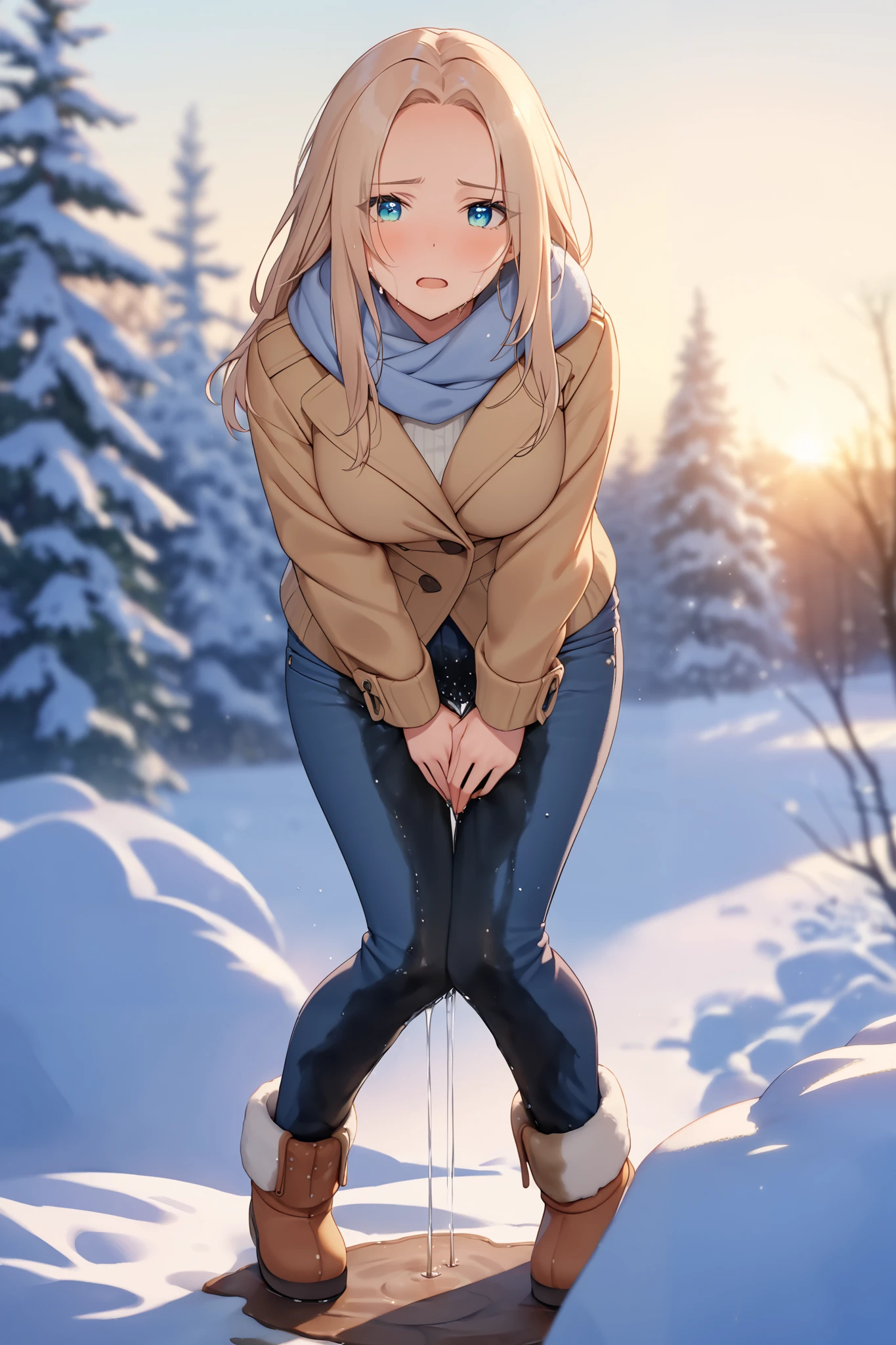 A youthful scandinavian female with dazzling eyes and lovely long hair and forehead with perfect body:1.1 and medium breast is standing and (wetting herself:1.5) in desperation. (Large pee stain:1.0). She is wearing blue denim pants with casual winter outfit and winter footwear. Looking at viewer. :O. Outdoor setting in february in scandinavia. (Best quality. Masterpiece:1.3. 16K. Detailed. Ultra high resolution). Fashion photography. Full body picture. Highly detailed face and skin texture. Detailed eyes. (Deep focus). Soft natural lighting.