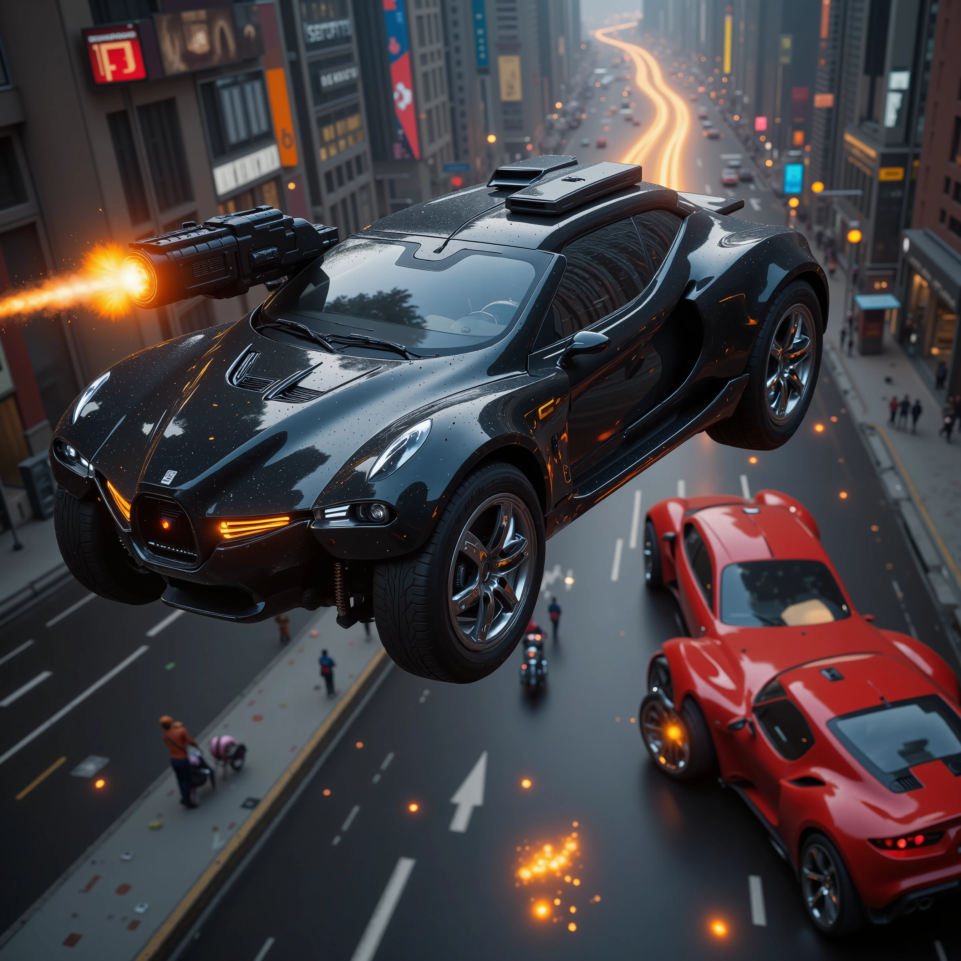 (best quality,4k,8k,highres,masterpiece:1.2), ultra-detailed. A hover car 20 stories high above a busy street in a major city in the future opens fire on another car that is parallel with it. <Lora:hk-m223c The image shows a glossy black car with a hk- m223a barrel being held out the window with orange explosive fire coming out of it and a red car across from it being riddled with bullets. Bullet holes can be seen across the entire car. Ultra realistic, realism, cinematic photography, cinematic lighting, cinematic portrait, portrait photography, cinematography, full focus, UHDR, visually disorienting, portrait photography, surrealism, etheral, cyberpunk cityscape, futurism, highest quality, masterpiece.