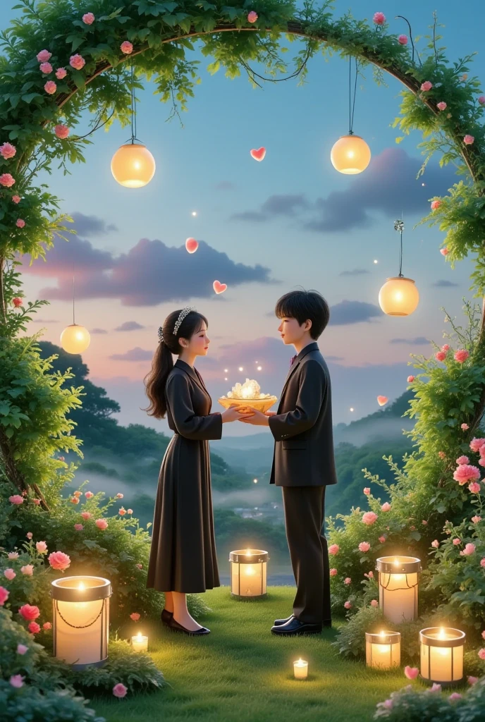 一对情侣在迷人的garden中心跳浪漫的舞蹈. The scene is illuminated by floating candles and lanterns , projects a warm , Gently. garden , From the delicate petals of flowers to the verdant leaves , The intricate details are presented in amazing 8K resolution . The couple, Immerse yourself in your arms , Exudes deep love and connection . The atmosphere is full of magical magic , The soft light and serene beauty of the surroundings brightens up the surrounding environment