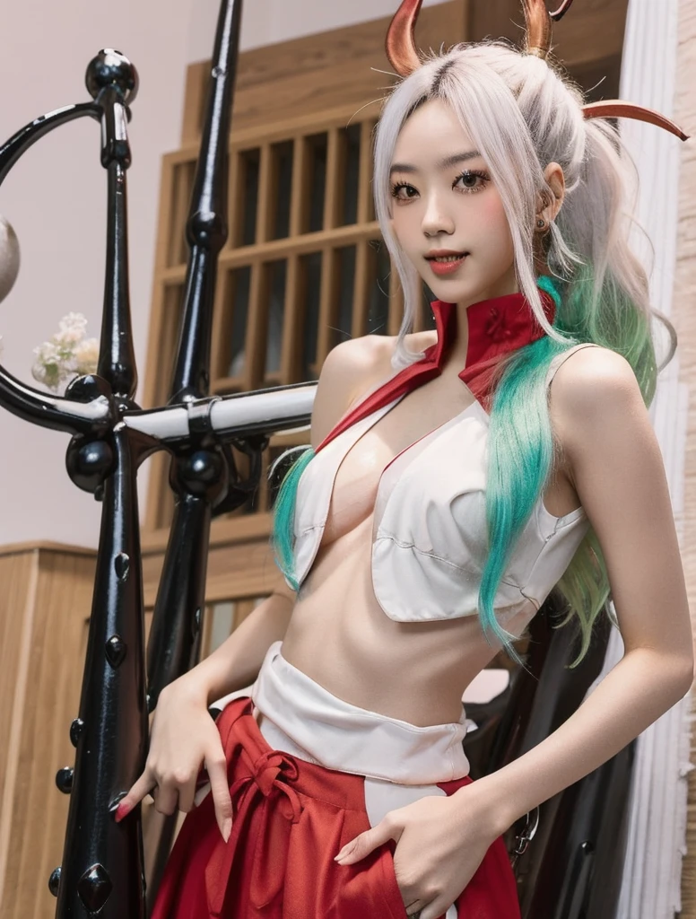 (masterpiece, best quality:1.2), intricate details, mythmaker irelia, 1girl, hair ornament, hair rings, bare shoulders, dress, detached sleeves, forehead mark, multicolored hair, white hair, earrings, green eyes, textured skin, looking at viewer, solo, light smile, (mature female:1.2),public ,sexy pose :1.6,Revealing breasts, revealing cleavage