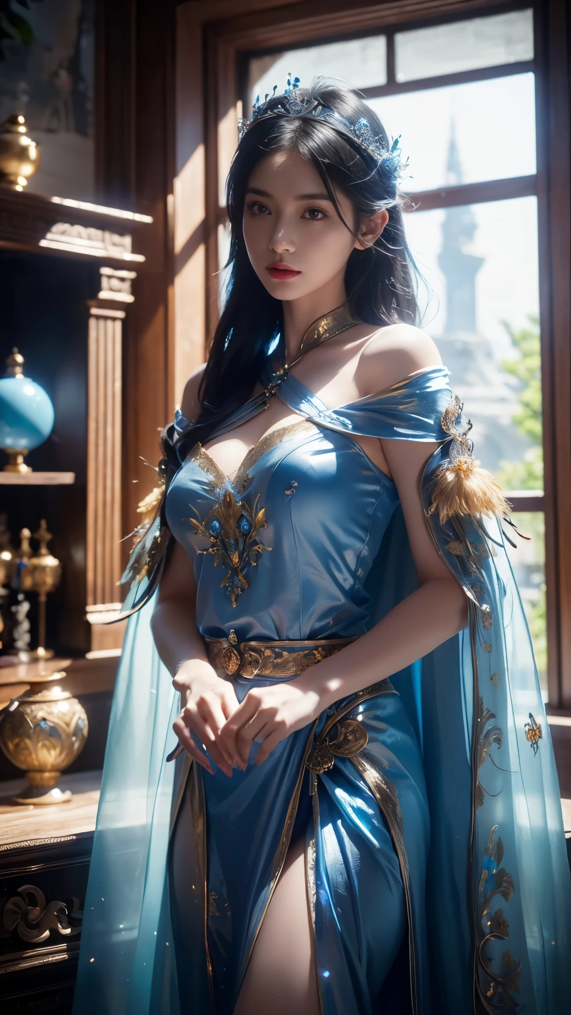 ((realisticity: 1.2)), ((best resolution: 8K UHD)), best quality,masterpiece,highres,cg, ((1 super detailed and super realistic girl)), ((very beautiful queen dazzling, super realistic, and super detailed)),((white skin, beautiful, smooth, youthful, super realistic and super detailed )), short hair, ((super realistic and super detailed dress)), solo, ((super realistic, super beautiful, gorgeous and super detailed jewelry)), ((super beautiful, super realistic and super detailed dark blue and golden yellow dress)), ((super beautiful, super realistic, super detailed diamond filled earrings)), ((super beautiful, super realistic and super detailed diamond filled hair ornament)), ((super beautiful upper body, super beautiful, super realistic and super detailed)), ((big breasts: 2.5)), ((super grand, super realistic and super detailed royal palace backgroun)) ((super beautiful, super beautiful, super realistic and super detailed hair bun)), ((super beautiful, super realistic and super detailed blue hair)), candid, Photograph, high resolution, 8k,Bokeh,