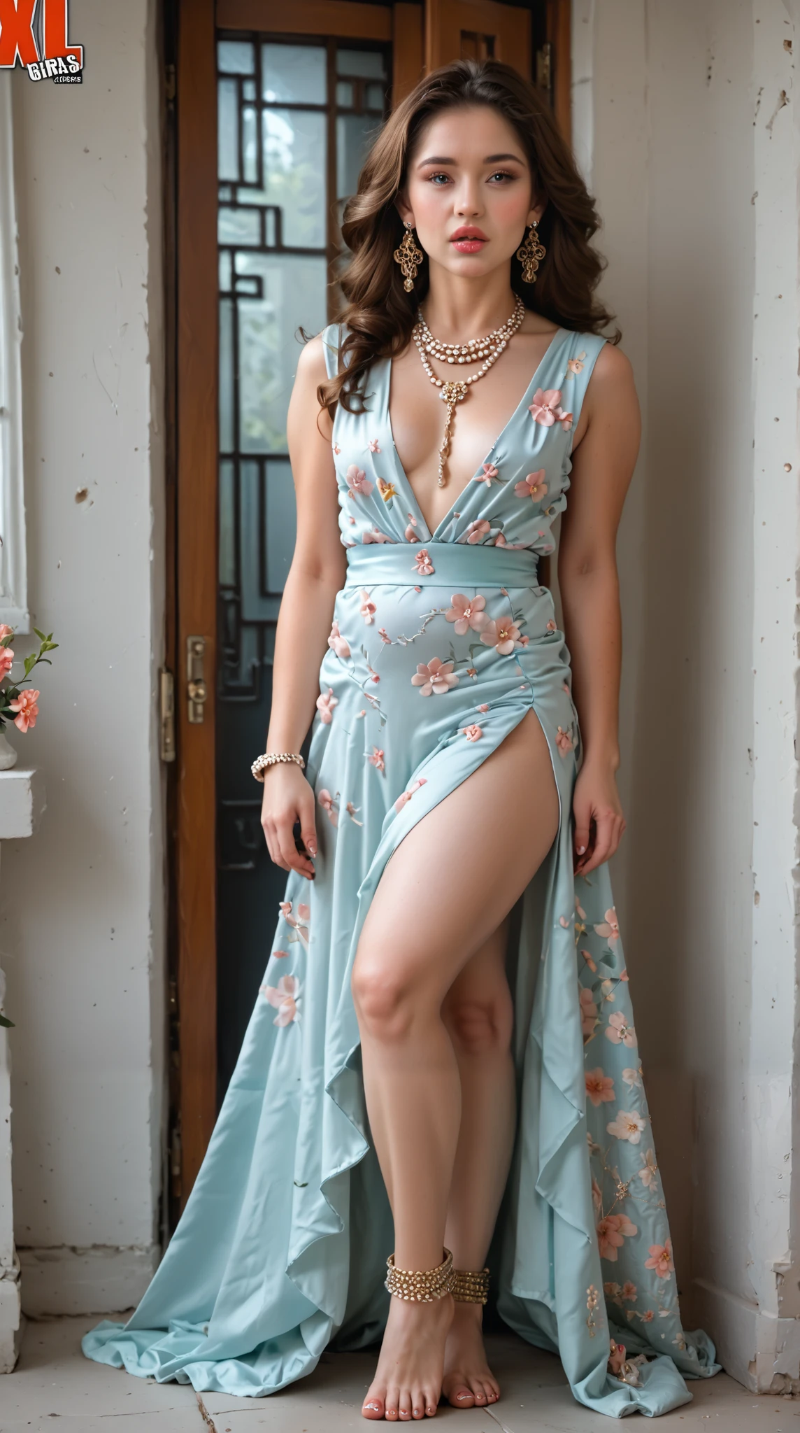 hdr,uhd (award winning photo:1.3) bright lighting (foggy style:1.3) (photorealistic:1.3)
(small breasts:1.3) (skinny:1.3) (full body view:1.3)
(beautiful face:1.3) prefect legs, perfect feet perfect torso, perfect breasts, perfect arms (perfect hands:1.3) five toes, excessive elegant jewelry, huge earrings, (excessive necklaces:1.3) rings, leg bands (thick lips:1.3) (gorgeous Russian girl:1.3) (brown hair:1.3) (wearing Chinese floral pattern robes:1.3)