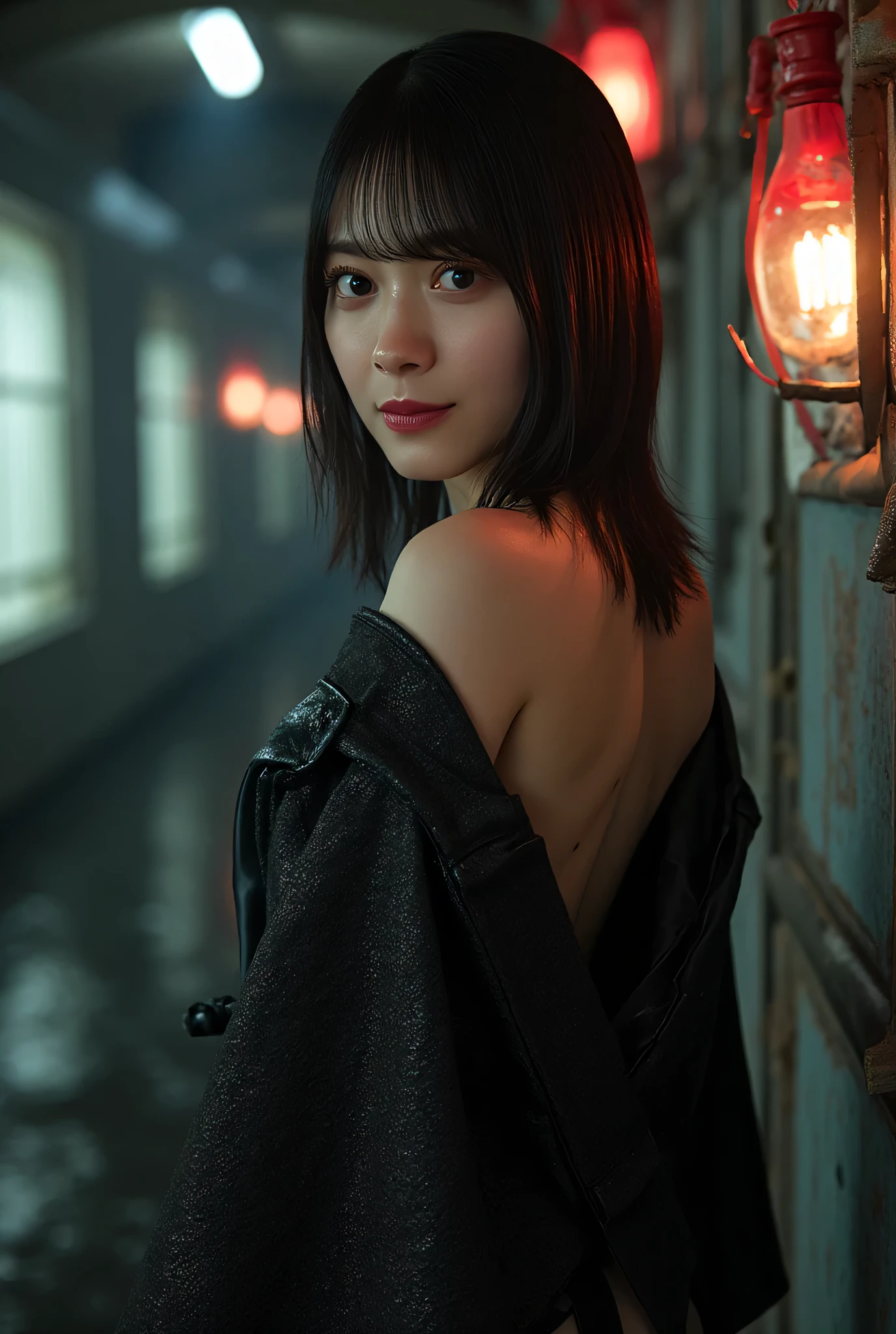 (((The dark interior of the Nostromo ship :2.0))),((( HR Gigger Style Cyberpunk Atmosphere :2.0))),(((Hold a cyberpunk-style Japanese sword:2.0))),Side view from the back ,Side pose,(( Look Back and Look at the Camera:2.0)),(( looking back over my shoulder :2.0)),Rear View,((whole body:2.0)), one woman,( cute face),(Beautiful well-balanced face ),(( natural big breasted :2.0)),( black hair:1.5),( beautiful eyes:1.3), glamorous shot of a 20 year old Japanese woman , Slender Beautiful Body ,(( model body type:2.0)),(( slim body with hot water:1.7)), perfect body line , ideal proportions ,( big breasts:2.0),Bare thighs, sensual thighs, delicate body,( Muscular:1.5),A harmonious posture,((Beautiful ass:2.0)),((cute ass:2.0)), ((((Bare ass :2.0)))),((( T-back :2.0))),(Realistic breast depiction :1.5), carefully depict limbs based on perfect anatomy,((Wear a samurai kimono-style military coat with an open front over a black super high-leg leotard :2.0,(( is a super high-leg leotard made of camy-style latex that fits the body:1.5)),(( Samurai kimono-style military jacket with the front open over a leotard:1.5)),(ear monitor:1.5),((Tactical Holster:1.5)),( gloves for legs only:1.3), concept art,( top quality:1.5),( Masterpiece:1.5),(超高resolution),resolution,UHD,( delicate depiction), carefully drawn with butterfly wings ,32K,(( realistic skin texture:1.5)),((( Super realistic :1.5))), eyelashes, highly detailed faces,Highly detailed female hand,Very sensual,(Blurry Dim Backgrounds :1.5), professional photography,( Movie Lighting:2.0),(( Blade Runner Style Lights :2.0))