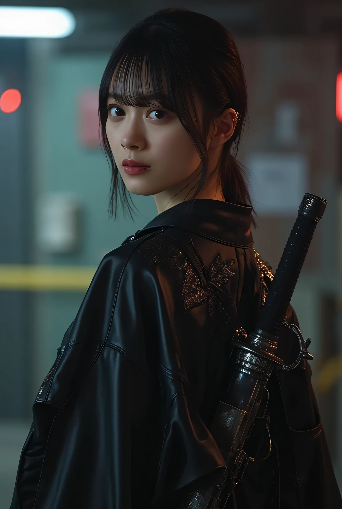 (((The dark interior of the Nostromo ship :2.0))),((( HR Gigger Style Cyberpunk Atmosphere :2.0))),(((Hold a cyberpunk-style Japanese sword:2.0))),Side view from the back ,Side pose,(( Look Back and Look at the Camera:2.0)),(( looking back over my shoulder :2.0)),Rear View,((whole body:2.0)), one woman,( cute face),(Beautiful well-balanced face ),(( natural big breasted :2.0)),( black hair:1.5),( beautiful eyes:1.3), glamorous shot of a 20 year old Japanese woman , Slender Beautiful Body ,(( model body type:2.0)),(( slim body with hot water:1.7)), perfect body line , ideal proportions ,( big breasts:2.0),Bare thighs, sensual thighs, delicate body,( Muscular:1.5),A harmonious posture,((Beautiful ass:2.0)),((cute ass:2.0)), ((((Bare ass :2.0)))),((( T-back :2.0))),(Realistic breast depiction :1.5), carefully depict limbs based on perfect anatomy,((Wear a samurai kimono-style military coat with an open front over a black super high-leg leotard :2.0,(( is a super high-leg leotard made of camy-style latex that fits the body:1.5)),(( Samurai kimono-style military jacket with the front open over a leotard:1.5)),(ear monitor:1.5),((Tactical Holster:1.5)),( gloves for legs only:1.3), concept art,( top quality:1.5),( Masterpiece:1.5),(超高resolution),resolution,UHD,( delicate depiction), carefully drawn with butterfly wings ,32K,(( realistic skin texture:1.5)),((( Super realistic :1.5))), eyelashes, highly detailed faces,Highly detailed female hand,Very sensual,(Blurry Dim Backgrounds :1.5), professional photography,( Movie Lighting:2.0),(( Blade Runner Style Lights :2.0))