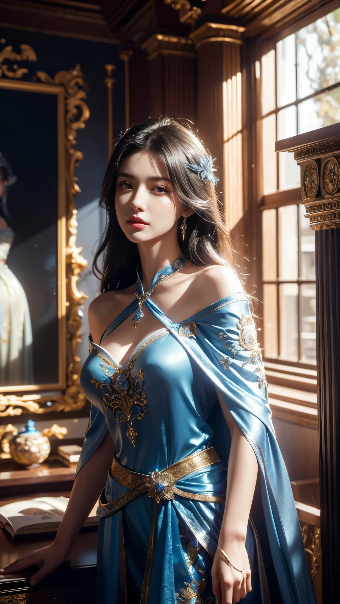 best quality, masterpiece, black hair, blue eyes, sexy girl wearing elegent fantasu dress lookimg super hot 
