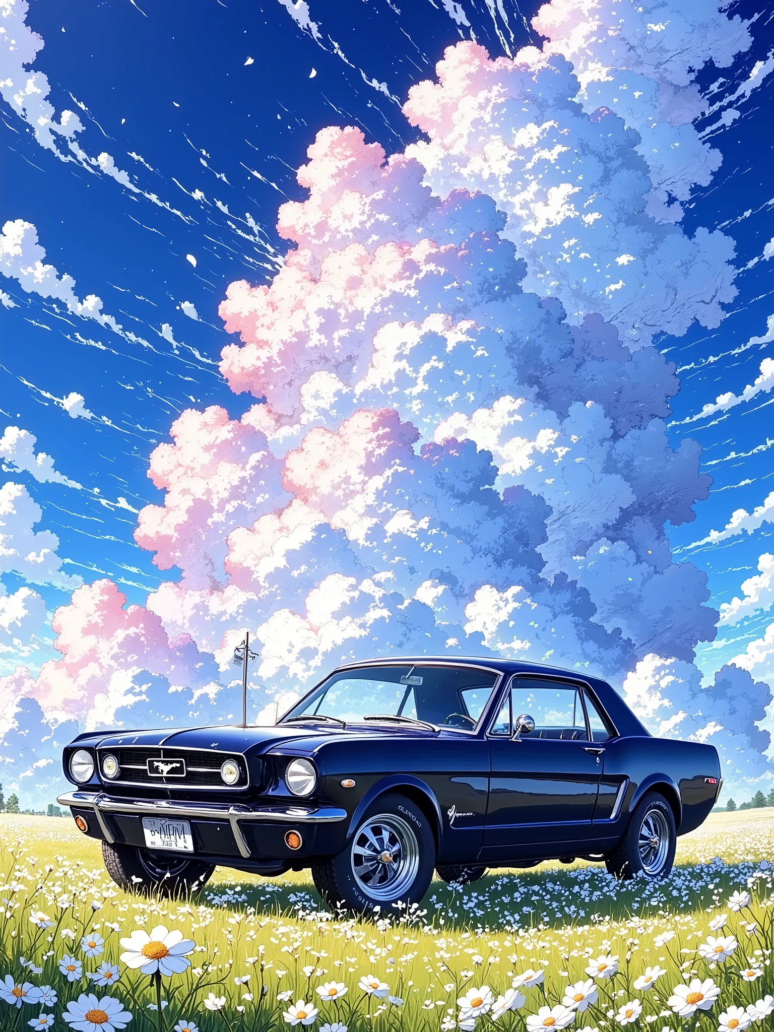 A vibrant, stylized landscape painting. A dark-colored, classic muscle car, likely a Ford Mustang, is parked on a grassy field, positioned slightly off-center to the right. The car is in the foreground, facing forward, and its details are clearly visible. The field is dotted with colorful wildflowers. A utility pole is visible at the right side of the image. The sky is a deep blue, with massive, fluffy, stylized cumulus clouds, detailed in soft white and light blue hues, taking up most of the image, filling the background, and dominating the composition. The clouds are layered, creating a sense of depth and dimension. The lighting appears diffused and soft, casting gentle shadows on the ground. The overall style is painterly and reminiscent of anime/manga-style illustrations with bold colors. A sense of calm and serene beauty is conveyed in the scene. The perspective is looking down on the landscape. The overall color palette is rich with blues, whites, and muted greens. The image is full of detail and texture, with the use of visible brush strokes.