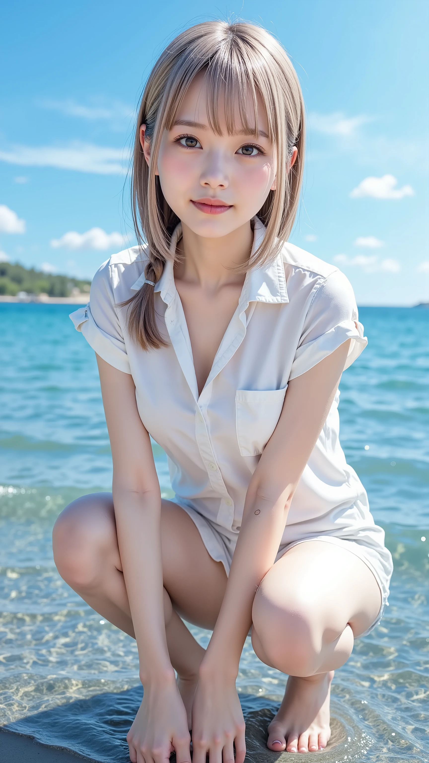top quality、 nothing 、( high definition :1.2)、 masterpiece、 Detailsな背景、Age Beauty 、 large size、( 非常に Detailsな顔:1.2)、 detailed expressions 、( Details:1.2)、 anatomically accurate、( Normal number of fingers :1.2)、Light-colored hair 、 braided bob cut 、 ponytail、
( under a clear summer blue sky 、 the girl who landed on the riverbank :1.5)、( and approaches the waterside barefoot :1.5)、 ( she rolls up her white shirt lightly and approaches the waterside barefoot {x} {x} {x} she rolls up her white shirt lightly and approaches the waterside barefoot {x}} Droplets of water light up her smile It reflected and was as dazzling as if it had trapped a moment of summer sparkle:1.5)、
Squat down under her stomach 、 when you gently reach out 、 cold water flows between her fingers 、 shines for a moment in the air 、Scoop water with both hands、 throw it into the air 、 clear drops of water sparkle in the sun 、 and approaches the waterside barefoot 、 quietly melts into the river 、 cute