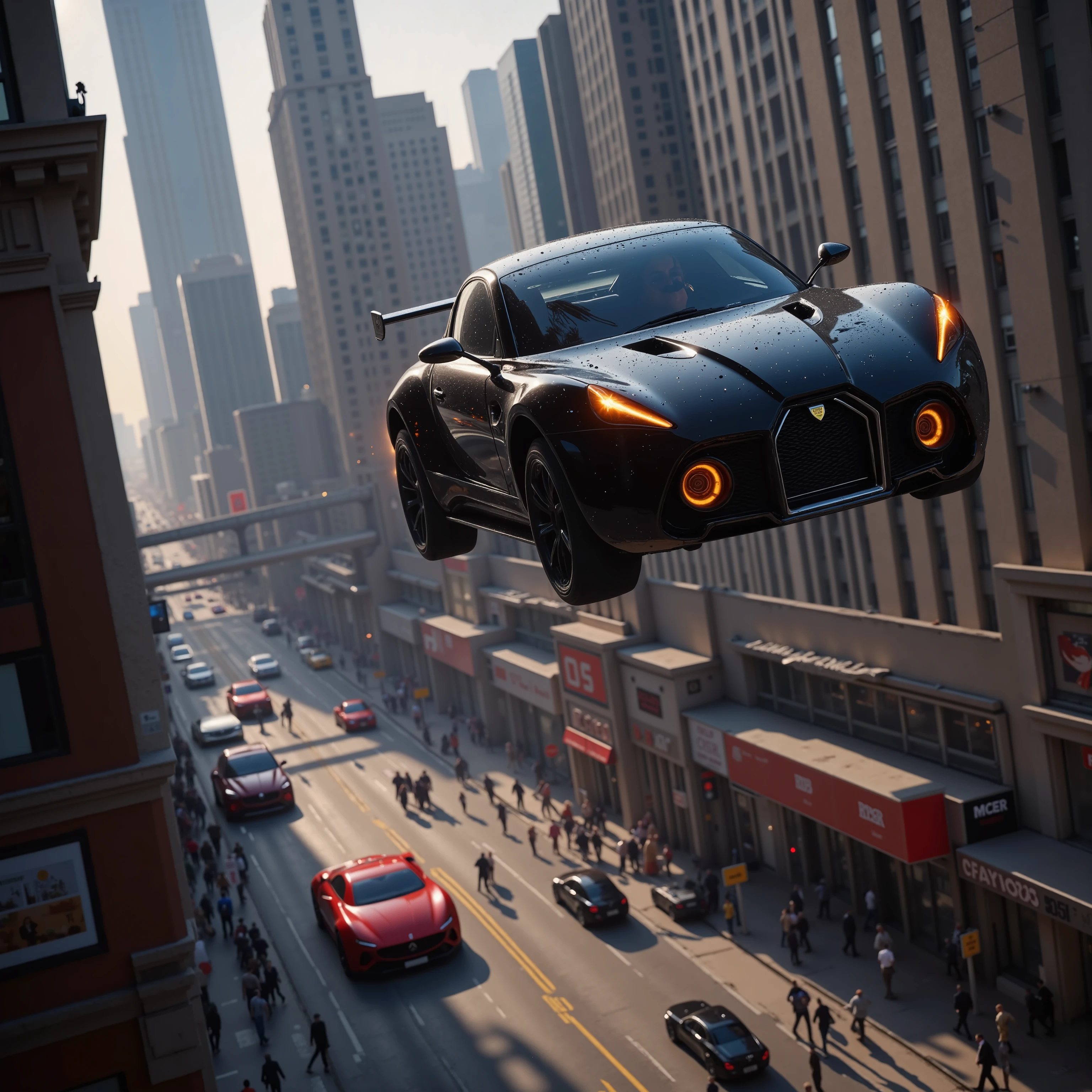 (best quality,4k,8k,highres,masterpiece:1.2), ultra-detailed. A hover car 10 stories high above a busy street in a major city in the future opens fire on another car that is parallel with it. <Lora:hk-m223c The image shows a glossy black car with a hk- m223a barrel being held out the window with orange  explosive rapid fire coming out of it and a red car across from it being riddled with bullets. Bullet holes can be seen across the entire car.  One person inside jumps out and lands in the street below. The black car goes after him. The red car catches fire and crashes into a group of business men a half a block away. Ultra realistic, realism, cinematic photography, cinematic lighting, cinematic portrait, portrait photography, cinematography, full focus, UHDR,  visually disorienting, portrait photography, surrealism, etheral, cyberpunk cityscape, futurism, highest quality, masterpiece.