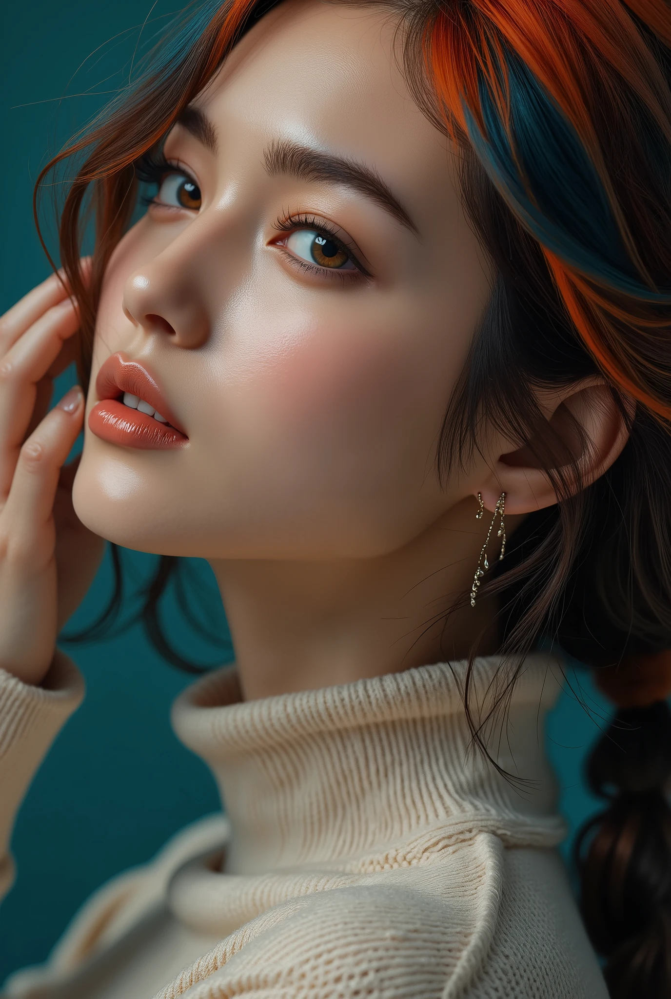 quality,16k, masterpiece, realistic, ((Photorealistic realism)), Hyper high resolution, ((Hyper insanel quality, epic masterpiece, intricately detailed digital art)), ((focus on extremely Realistic Proportion Body:1.3), Asian woman, ((sharp focus, no blurry eyes, Hyper absurd quality, Hyper details, {Hyper realistic brown eyes:1.4})), ((extra narrow eyebrows)), (Carefully draw Long eyelashes), (perfect round eyes), (finely detailed pupils, (extremely fine details pupils)), vibrant hair colors, orange and teal ombre, cream turtleneck sweater, flawless skin, soft makeup, teal background, fashion photography, studio lighting, high-end beauty shot, glossy lips, hand touching hair, dynamic pose, vivid colors, sharp focus, professional hair styling, editorial look,