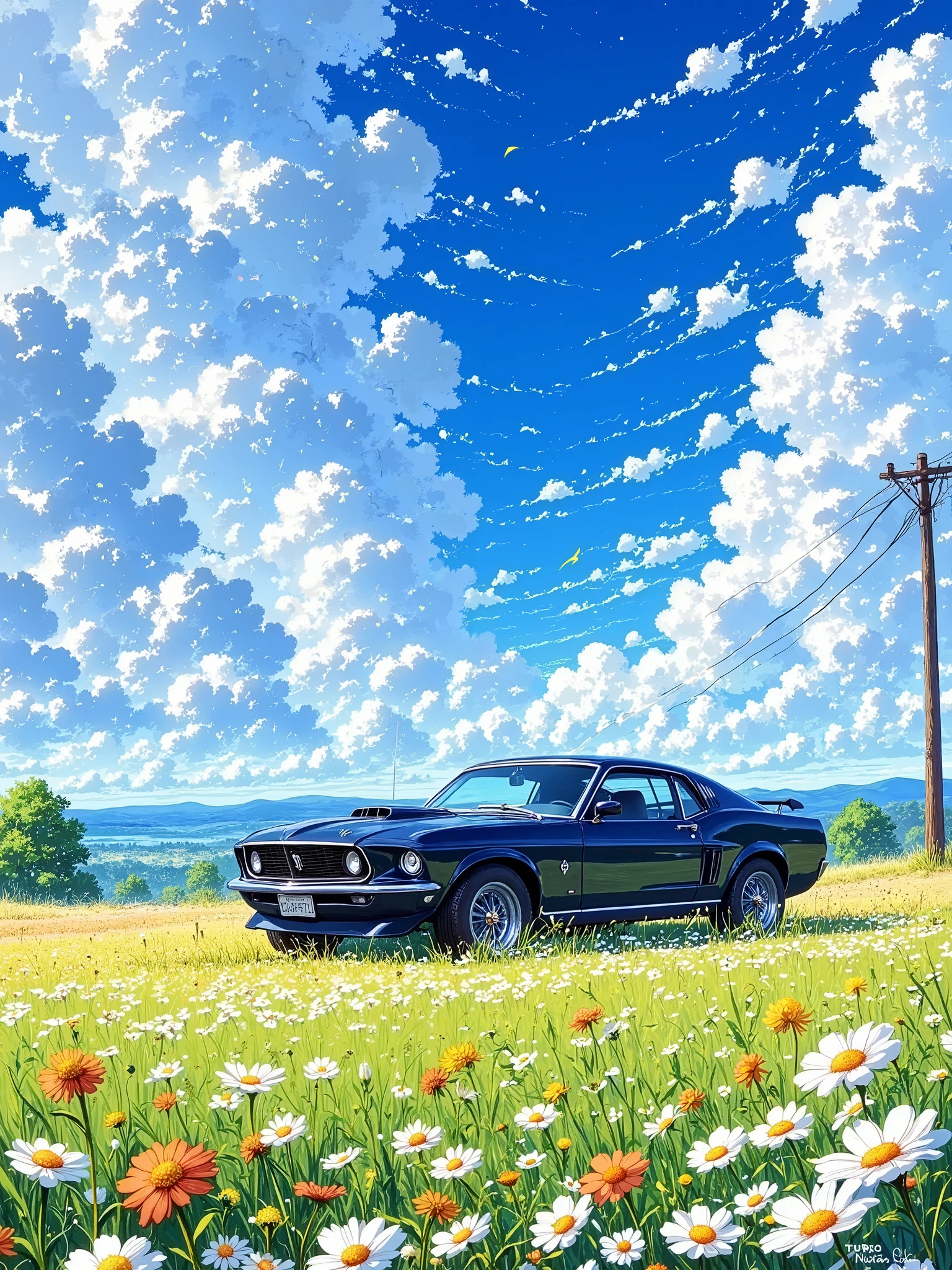 A vibrant, stylized landscape painting. A dark-colored, classic muscle car, likely a Ford Mustang, is parked on a grassy field, positioned slightly off-center to the right. The car is in the foreground, facing forward, and its details are clearly visible. The field is dotted with colorful wildflowers. A utility pole is visible at the right side of the image. The sky is a deep blue, with massive, fluffy, stylized cumulus clouds, detailed in soft white and light blue hues, taking up most of the image, filling the background, and dominating the composition. The clouds are layered, creating a sense of depth and dimension. The lighting appears diffused and soft, casting gentle shadows on the ground. The overall style is painterly and reminiscent of anime/manga-style illustrations with bold colors. A sense of calm and serene beauty is conveyed in the scene. The perspective is looking down on the landscape. The overall color palette is rich with blues, whites, and muted greens. The image is full of detail and texture, with the use of visible brush strokes.