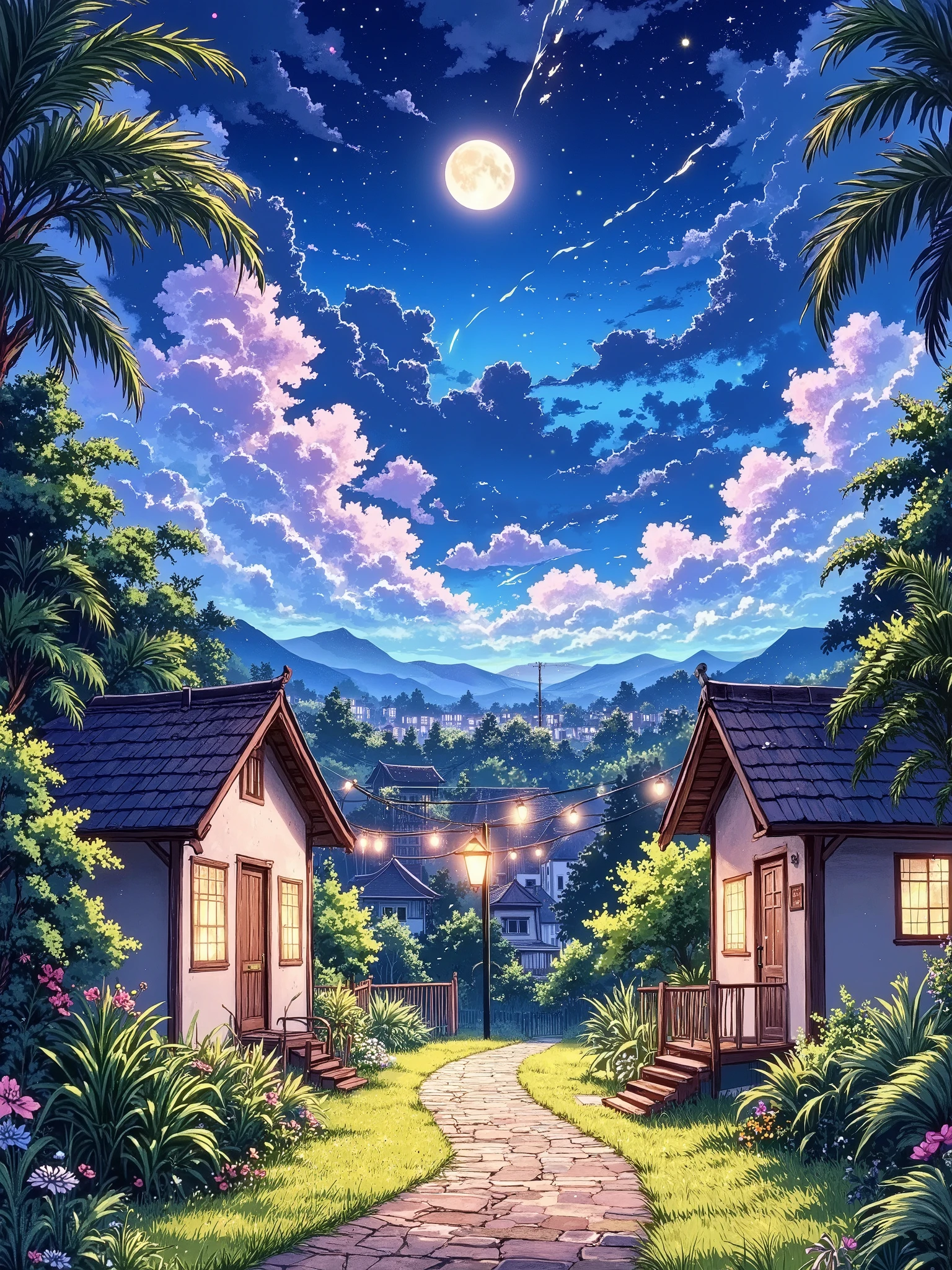 A serene night scene in a small village. A paved path leads through a tropical-style neighborhood, lined with small, light-brown houses with warm-yellow light emanating from windows. Palm trees and various plants are visible along the path. The sky is filled with vibrant, colorful clouds and a luminous full moon. Shooting stars streak across the inky-blue night sky, adding a dynamic element. The colors are bright and saturated, creating a visually appealing and dreamlike atmosphere. The overall style evokes a Japanese-inspired anime or digital painting aesthetic. The houses are nestled together, with a slightly low-angle perspective. The path is the central focus, gently winding into the scene. Colors are vibrant blues, purples, and yellows, balanced with warm browns and greens. Lighting is soft, highlighting the houses and foliage. The scene is peaceful and evocative of a calm, magical night.