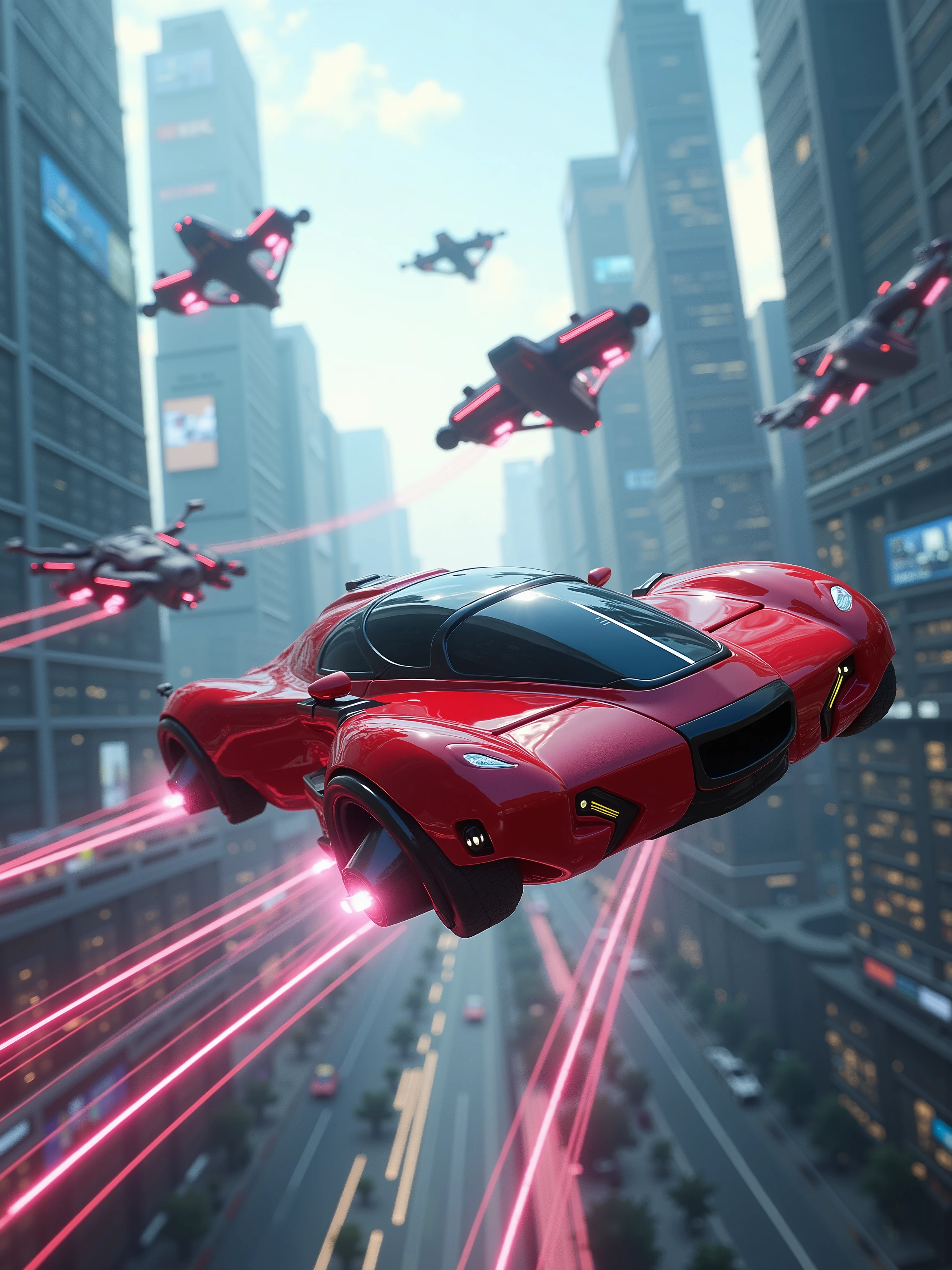 (best quality,4k,8k,highres,masterpiece:1.2), photorealistic,photo-realistic:1.37),highly detailed futuristic metropolis. Skyscrapers with media screens for windows. Hover cars, painted bright glossy red and super reflective black flying high and low leave trails of color behind as they chase each other. Speed lines. Motion lines. Hover bikes follow while dodging propellerless drones that litter the crystal clear sky. 3D, realism, cinematic photography, cinematic lighting, cinematic portrait, portrait photography, cinematography, full focus, UHDR, hyperrealistic, visually disorienting, hallucination inducing, optical illusions, startling, stunning images, awe-inspiringly, pixel assets, portrait photography, surrealism, etheral, futuristic, cyberpunk cityscape, futurism, highest quality, masterpiece.