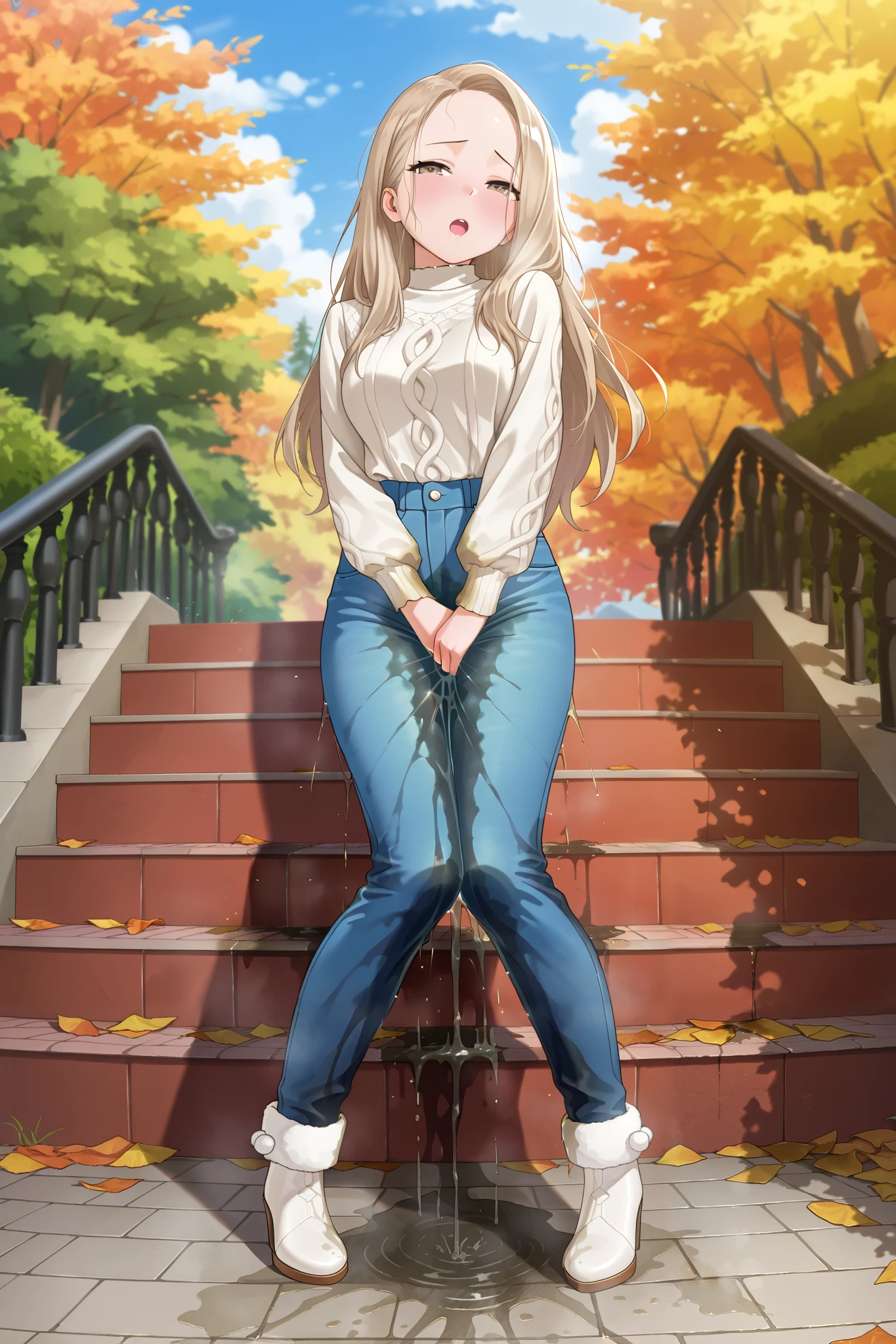 ((best quality, masterpiece:1.3, 8K)), (detailed), highly detailed face and skin texture, detailed eyes, full body, outdoor, (slender body:1.1), 1girl, (solo), (18+ years old), white skin, bright lips, worried, embarrassed, panicking, long hair, (forehead:1.0), (shy outfit:1.2), medium breast, (jeans pants:1.5, blue jeans:1.5), (((wetting herself:1.8))), desperation:1.2,