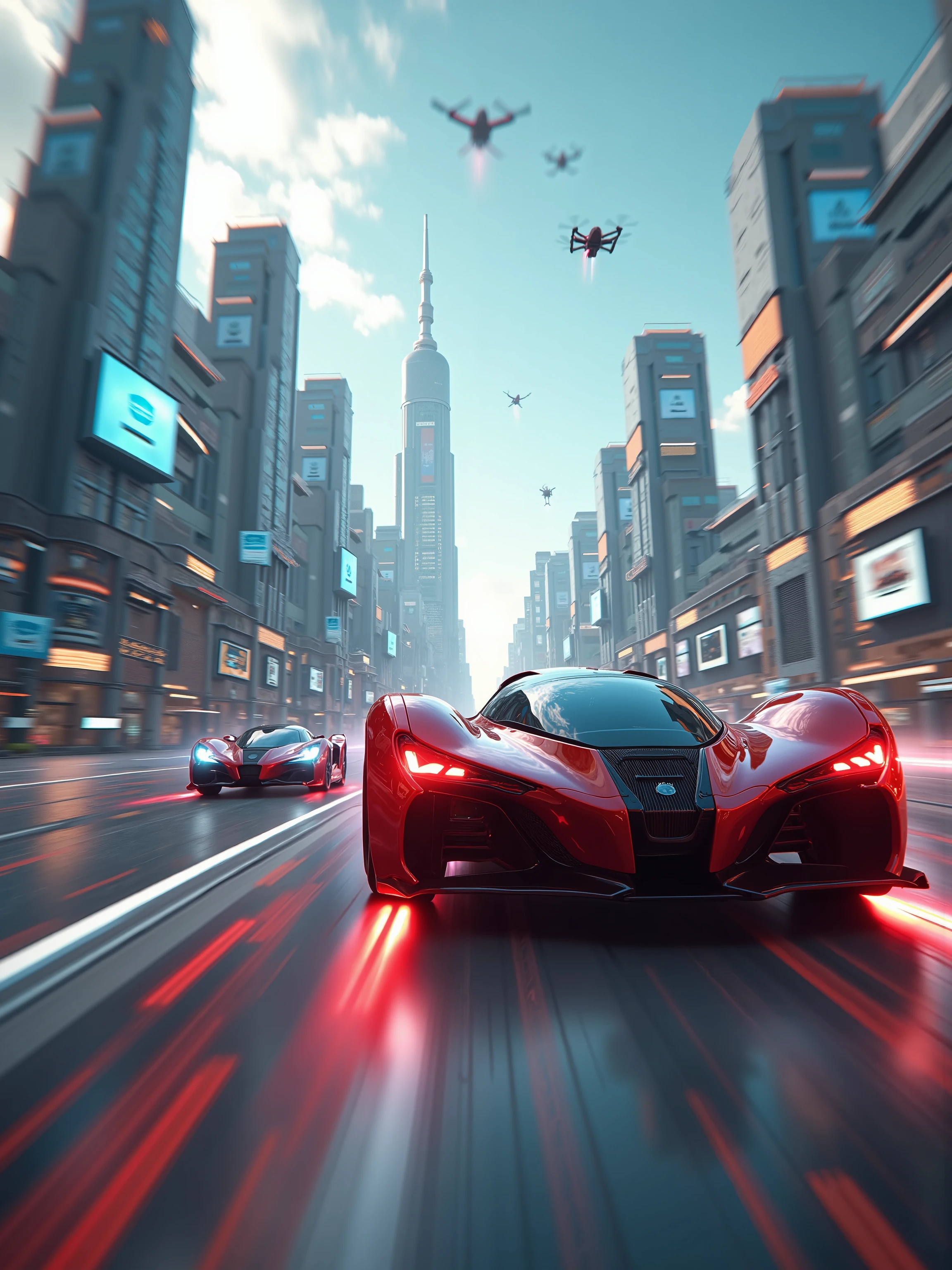 (best quality,4k,8k,highres,masterpiece:1.2), photorealistic,photo-realistic:1.37),highly detailed futuristic metropolis. Skyscrapers with media screens for windows. Hover cars, painted bright glossy red and super reflective black flying high and low leave trails of color behind as they chase each other. Speed lines. Motion lines. Hover bikes follow while dodging propellerless drones that litter the crystal clear sky. 3D, realism, cinematic photography, cinematic lighting, cinematic portrait, portrait photography, cinematography, full focus, UHDR, hyperrealistic, visually disorienting, hallucination inducing, optical illusions, startling, stunning images, awe-inspiringly, pixel assets, portrait photography, surrealism, etheral, futuristic, cyberpunk cityscape, futurism, highest quality, masterpiece.