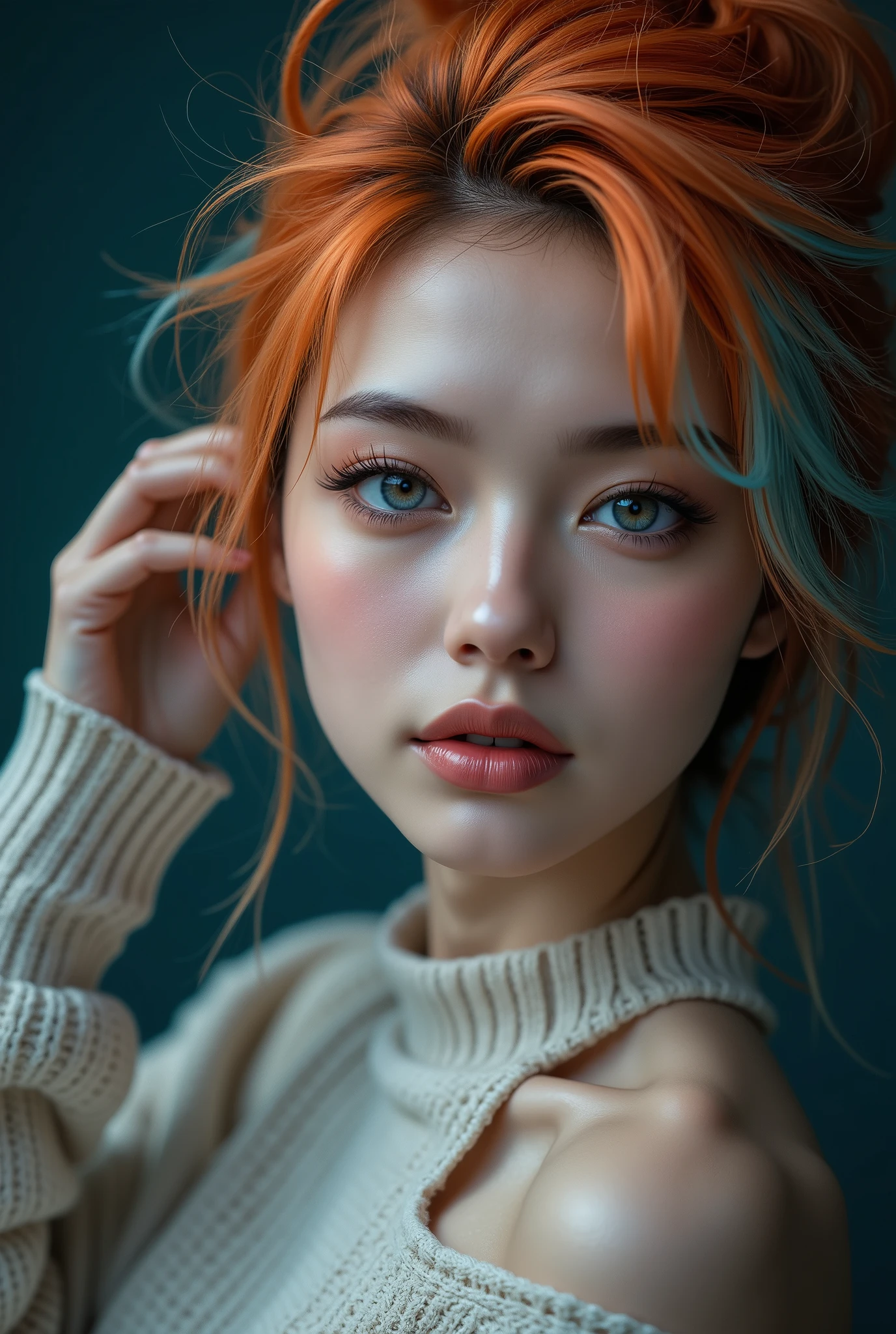 quality,16k, masterpiece, realistic, ((Photorealistic realism)), Hyper high resolution, ((Hyper insanel quality, epic masterpiece, intricately detailed digital art)), ((focus on extremely Realistic Proportion Body:1.3), Asian woman, ((sharp focus, no blurry eyes, Hyper absurd quality, Hyper details, {Hyper realistic brown eyes:1.4})), ((extra narrow eyebrows)), (Carefully draw Long eyelashes), (perfect round eyes), (finely detailed pupils, (extremely fine details pupils)), vibrant hair colors, orange and teal ombre, cream turtleneck sweater, flawless skin, soft makeup, teal background, fashion photography, studio lighting, high-end beauty shot, glossy lips, hand touching hair, dynamic pose, vivid colors, sharp focus, professional hair styling, editorial look,