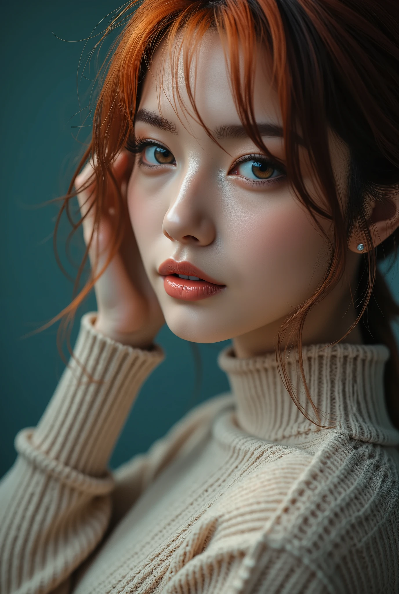 quality,16k, masterpiece, realistic, ((Photorealistic realism)), Hyper high resolution, ((Hyper insanel quality, epic masterpiece, intricately detailed digital art)), ((focus on extremely Realistic Proportion Body:1.3), Asian woman, ((sharp focus, no blurry eyes, Hyper absurd quality, Hyper details, {Hyper realistic brown eyes:1.4})), ((extra narrow eyebrows)), (Carefully draw Long eyelashes), (perfect round eyes), (finely detailed pupils, (extremely fine details pupils)), vibrant hair colors, orange and teal ombre, cream turtleneck sweater, flawless skin, soft makeup, teal background, fashion photography, studio lighting, high-end beauty shot, glossy lips, hand touching hair, dynamic pose, vivid colors, sharp focus, professional hair styling, editorial look,