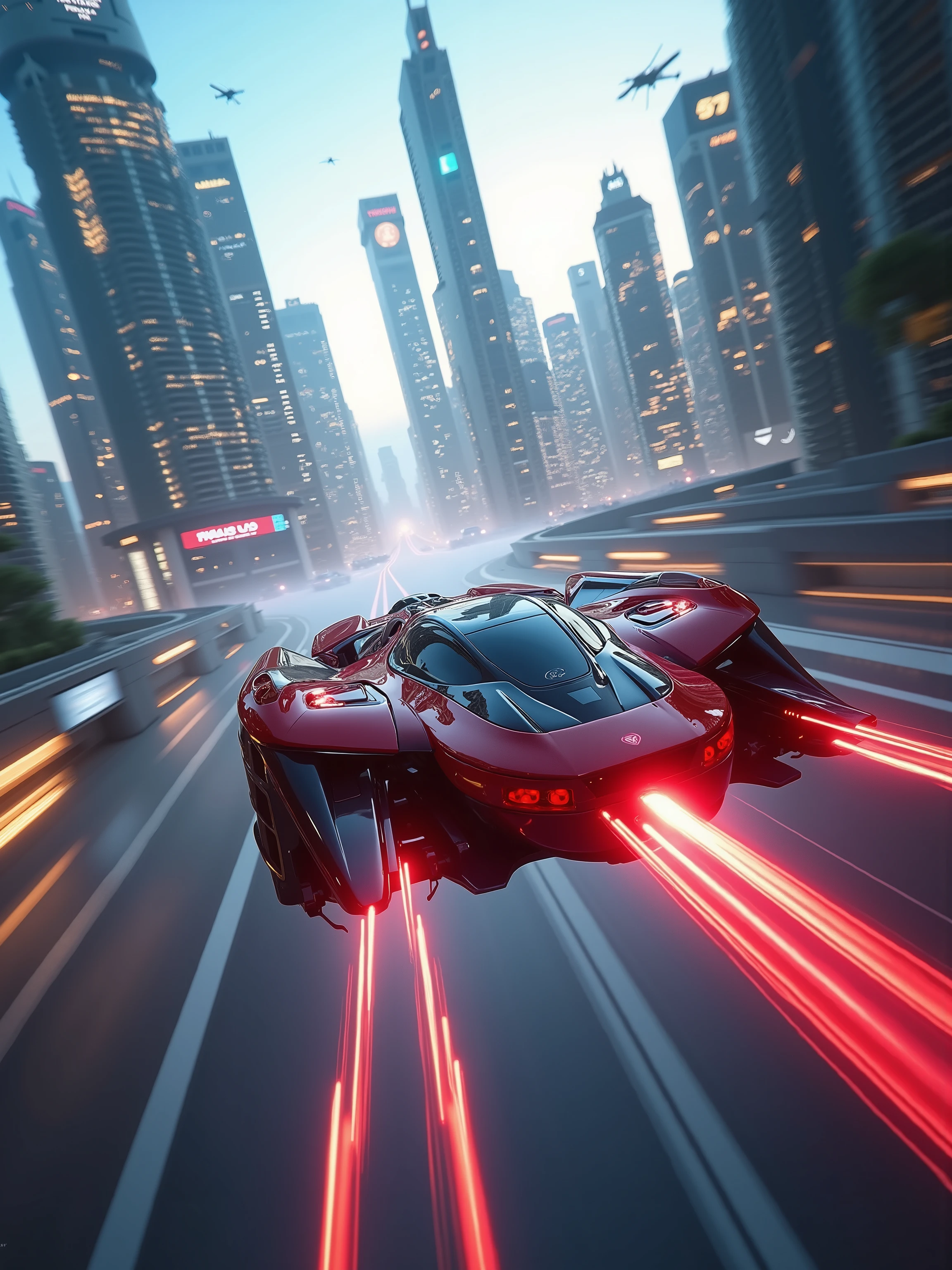 (best quality,4k,8k,highres,masterpiece:1.2), photorealistic,photo-realistic:1.37),highly detailed futuristic metropolis. Skyscrapers with media screens for windows. Hover cars, painted bright glossy red and super reflective black flying high and low leave trails of color behind as they chase each other. Speed lines. Motion lines. Hover bikes follow while dodging propellerless drones that litter the crystal clear sky. 3D, realism, cinematic photography, cinematic lighting, cinematic portrait, portrait photography, cinematography, full focus, UHDR, hyperrealistic, visually disorienting, hallucination inducing, optical illusions, startling, stunning images, awe-inspiringly, pixel assets, portrait photography, surrealism, etheral, futuristic, cyberpunk cityscape, futurism, highest quality, masterpiece.