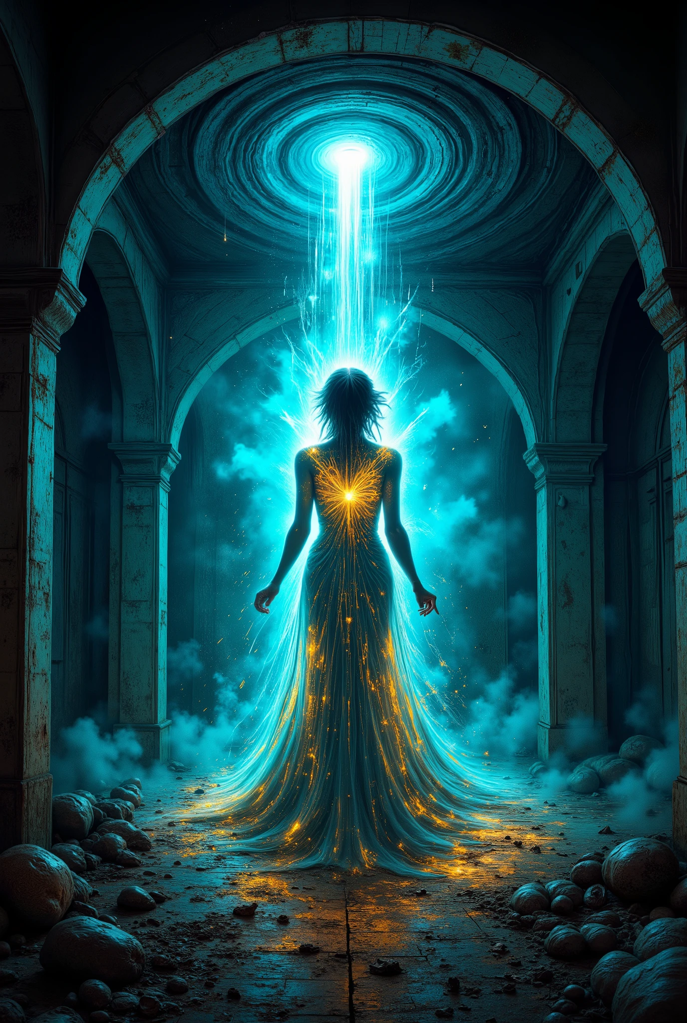 A serene, yet captivating digital artwork, blending the paradoxical harmony of chaos and order, reminiscent of the surrealist masterpieces of Salvador Dali, H.R. Giger, and Zdzisław Beksiński. A luminous, otherworldly female figure, draped in a flowing, diaphanous gown with an intricate, gold and teal pattern, adorned with mesmerizing zentangle doodles, stands poised at the center, radiating an aura of balance amidst the turmoil. Her delicate form is bathed in a soft, ethereal glow, as if illuminated by the gentle light of a thousand celestial bodies. The backdrop features a breathtaking, swirling vortex, evoking the melting, dreamlike quality of oil on canvas, with bold, vibrant brushstrokes and a predominantly matte finish, inviting the viewer to step into the realm of the surreal.