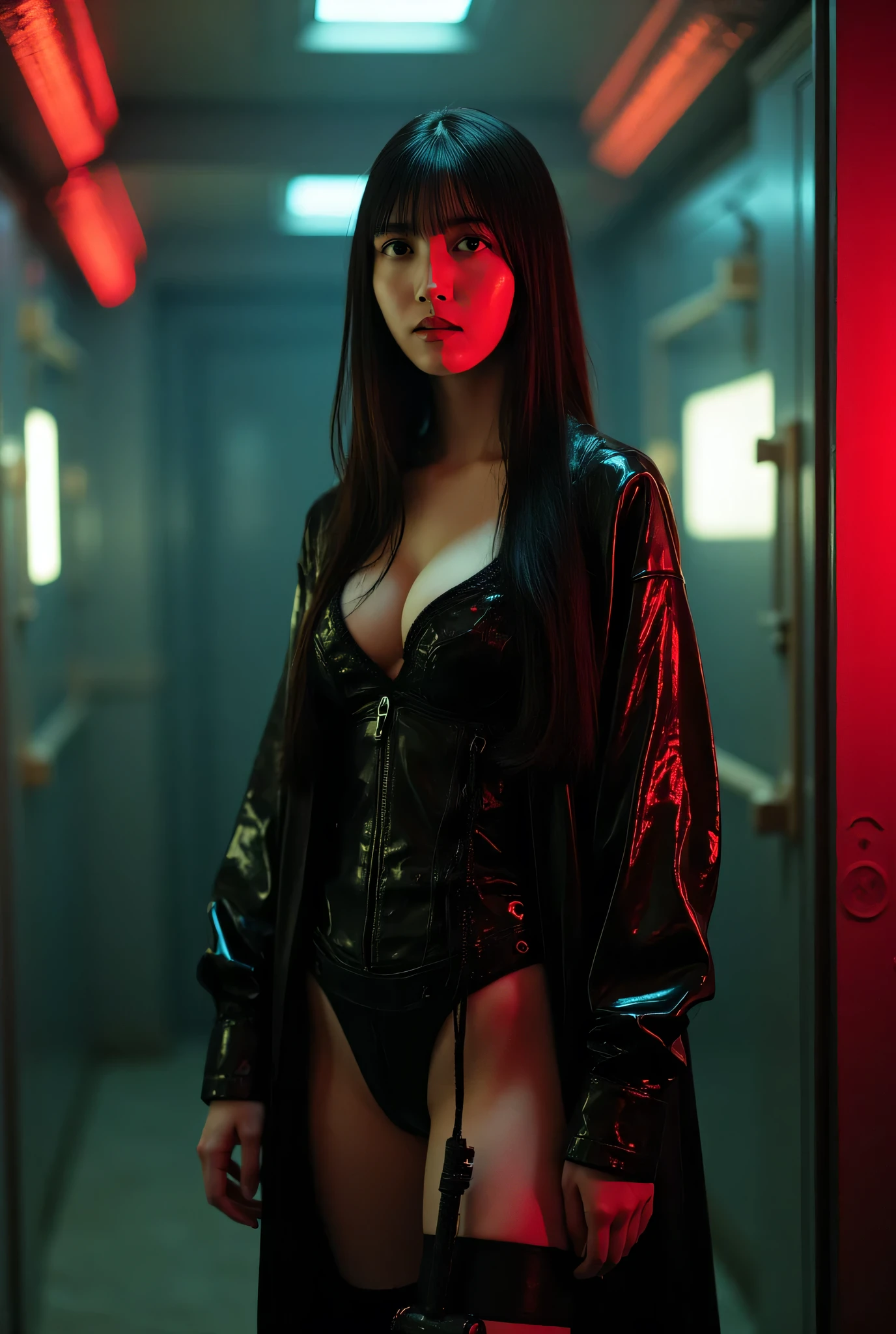 (((The dark interior of the Nostromo ship :2.0))),((( HR Gigger Style Cyberpunk Atmosphere :2.0))),(((Hold a cyberpunk-style Japanese sword:2.0))), standing,((whole body:2.0)), one woman,( cute face),(Beautiful well-balanced face ),(( natural big breasted :2.0)),( black hair:1.5),( beautiful eyes:1.3), glamorous shot of a 20 year old Japanese woman , Slender Beautiful Body ,(( model body type:2.0)),(( slim body with hot water:1.7)), perfect body line , ideal proportions ,(( big breasts:2.0)),((F cup breasts:1.5)),Big Breasts,Bare thighs, sensual thighs, delicate body,( Muscular:1.7),A harmonious posture,((Realistic breast depiction :1.7)), carefully depict limbs based on perfect anatomy,((Wear a samurai kimono-style military coat with an open front over a black super high-leg leotard :1.5)),(( is a super high-leg leotard made of camy-style latex that fits the body:1.5)),(( leotard that is tied from behind:1.5)),(ear monitor:1.5),((Tactical Holster:1.5)),( gloves for legs only:1.3), concept art,( top quality:1.5),( Masterpiece:1.5),(超高resolution),resolution,UHD,( delicate depiction), carefully drawn with butterfly wings ,32K,(( realistic skin texture:1.5)),((( Super realistic :1.5))), eyelashes, highly detailed faces,Highly detailed female hand,Sexy appearance,Very sensual,(Blurry Dim Backgrounds :1.5), professional photography,( Movie Lighting:2.0),(( Blade Runner Style Lights :2.0))
