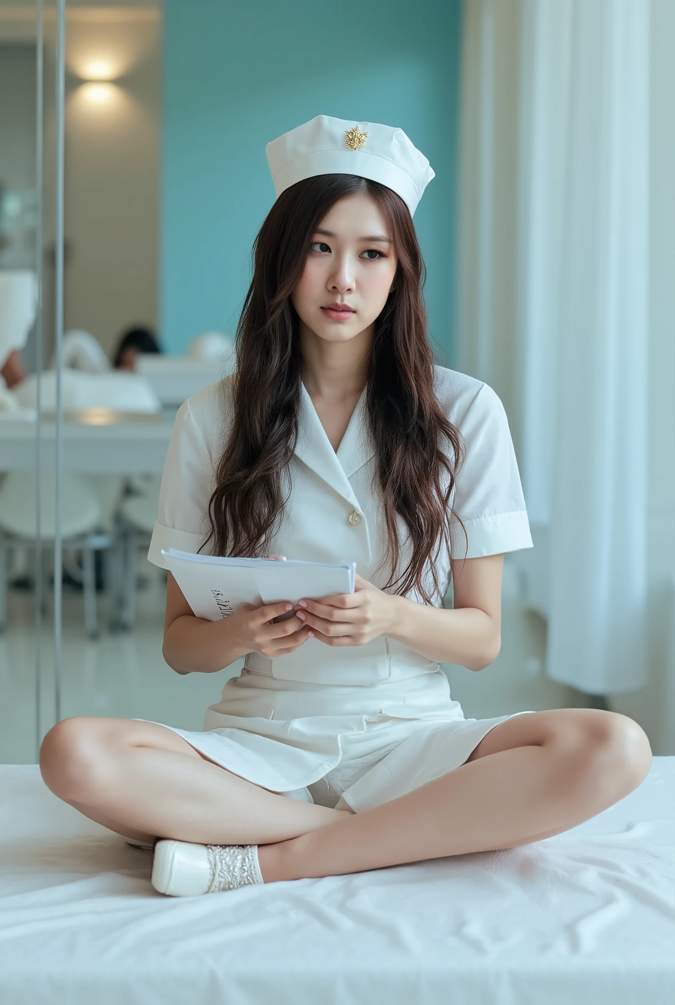 nurse,  thighs, hat,  long hair,  Sitting ,  have dark hair ,  high heels , Clipboard, shoes, 흰색 shoes, Indoor,  brown eyes,   Jetai Ryoiki, Super realistic, Lotus pose while sitting on the bed