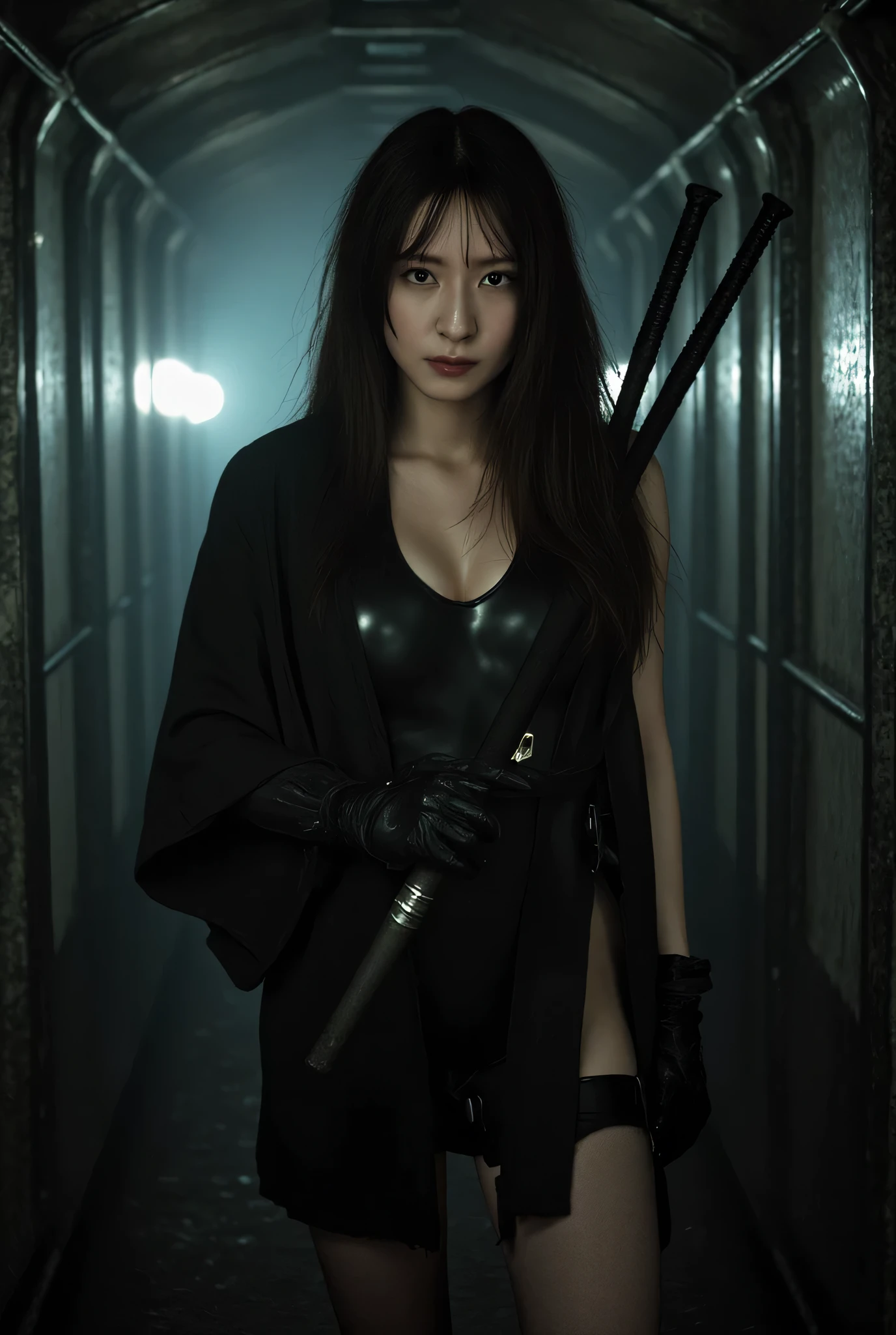 (((The dark interior of the Nostromo ship :2.0))),((( HR Gigger Style Cyberpunk Atmosphere :2.0))),(((Hold a cyberpunk-style Japanese sword:2.0))), standing,((whole body:2.0)), one woman,( cute face),(Beautiful well-balanced face ),(( natural big breasted :2.0)),( black hair:1.5),( beautiful eyes:1.3), glamorous shot of a 20 year old Japanese woman , Slender Beautiful Body ,(( model body type:2.0)),(( slim body with hot water:1.7)), perfect body line , ideal proportions ,(( big breasts:2.0)),((F cup breasts:1.5)),Big Breasts,Bare thighs, sensual thighs, delicate body,( Muscular:1.7),A harmonious posture,((Realistic breast depiction :1.7)), carefully depict limbs based on perfect anatomy,((Wear a samurai kimono-style military coat with an open front over a black super high-leg leotard :1.5)),(( is a super high-leg leotard made of camy-style latex that fits the body:1.5)),(( leotard that is tied from behind:1.5)),(ear monitor:1.5),((Tactical Holster:1.5)),( gloves for legs only:1.3), concept art,( top quality:1.5),( Masterpiece:1.5),(超高resolution),resolution,UHD,( delicate depiction), carefully drawn with butterfly wings ,32K,(( realistic skin texture:1.5)),((( Super realistic :1.5))), eyelashes, highly detailed faces,Highly detailed female hand,Sexy appearance,Very sensual,(Blurry Dim Backgrounds :1.5), professional photography,( Movie Lighting:2.0),(( Blade Runner Style Lights :2.0))