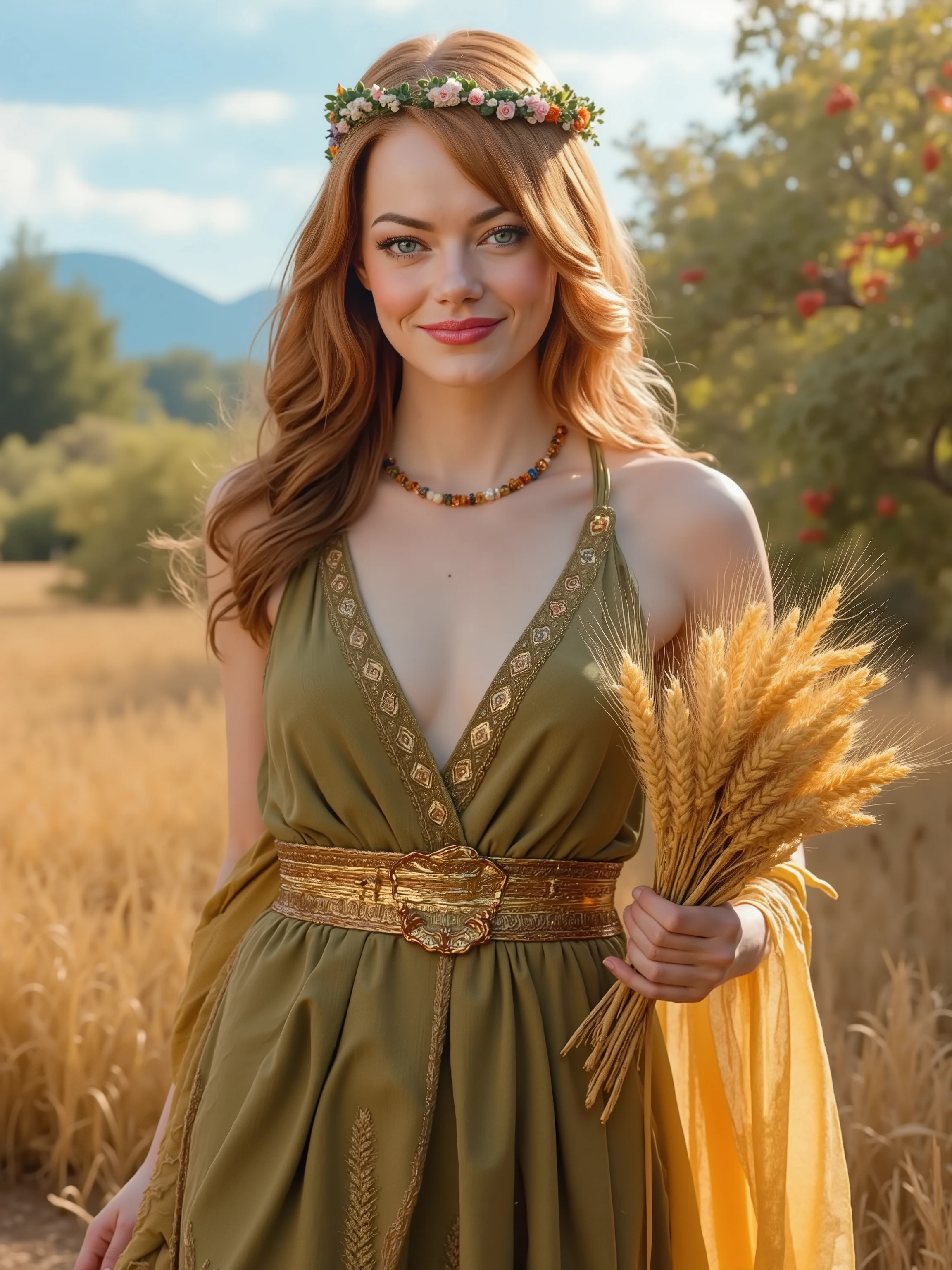 Emma Stone reimagined as a majestic hot and gorgeous Greek goddess Demeter walking and holding bundle of ripe wheat、1 female、 full figure, full body, cleavage,
warm, green eyes filled with nurturing kindness and quiet strength. Her auburn hair flows in soft waves down her back, crowned with a delicate wreath of wheat stalks and wildflowers, symbolizing her connection to the harvest and nature’s abundance.
She wears a flowing, earth-toned gown in shades of green and gold, made from soft linen and embroidered with delicate patterns of wheat, vines, and blooming flowers. A wide golden belt shaped like intertwining vines cinches her waist, and a sheer golden shawl drapes over her shoulders. A beaded necklace of amber and jade rests on her chest, while her wrists are adorned with simple gold bangles. In hand, she holds a bundle of ripe wheat tied with a silk ribbon. A gentle fawn, her sacred animal, stands beside her, nuzzling softly against her hand.
big breast、 alluring 、shows her female character's full figure, athletic body, perfect face, full body, extremely beautiful, goddess, female shape, perfect anatomy, The background showcases A sunlit meadow filled with swaying wheat fields, vibrant wildflowers, and fruit-laden trees, with a clear blue sky overhead and soft golden light illuminating the scene, photorealistic, masterpiece, realistic, high contrast, 8k, HD, high definition detailed, detailed, hyper detailed, realistic skin texture, best quality, ultra high resolution, hyper realistic, no text, very detailed eyes, dramatic lighting