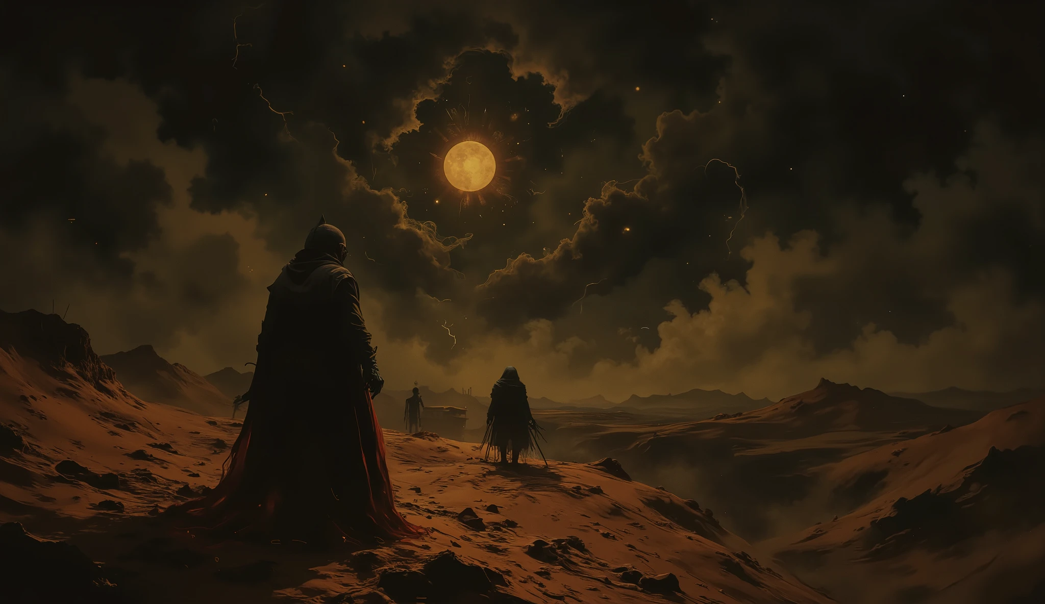 A vast desert under a dark sky , with endless dunes that extend to the horizon . On the horizon, a mysterious figure and Faceless appears at nightfall , its diffuse, ethereal form , like a floating shadow . The figure has no facial details , only a dark silhouette that moves slowly , with a disturbing presence . The wind shakes the sand , creating a gloomy and oppressive atmosphere . The moonlight weakly illuminates the desert , creating a contrast between the dark and the ghostly figure approaching, while travelers , imaginary or real , watch from a distance , afraid to approach .