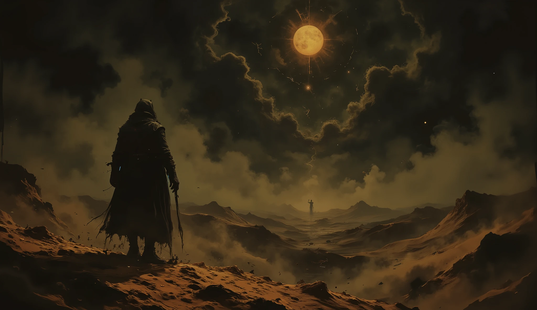 A vast desert under a dark sky , with endless dunes that extend to the horizon . On the horizon, a mysterious figure and Faceless appears at nightfall , its diffuse, ethereal form , like a floating shadow . The figure has no facial details , only a dark silhouette that moves slowly , with a disturbing presence . The wind shakes the sand , creating a gloomy and oppressive atmosphere . The moonlight weakly illuminates the desert , creating a contrast between the dark and the ghostly figure approaching, while travelers , imaginary or real , watch from a distance , afraid to approach .