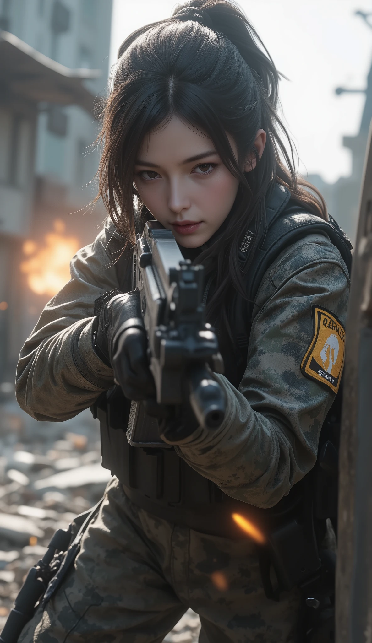I'm aiming at this point with my muzzle, A beautiful female soldier runs through the battlefield , Aim for the target point while evading stray bullets, Hold a high-performance assault rifle and hide yourself in a shield, An urban area ruined by endless explosions , Dramatically express the tension and loneliness depicted on the battlefield , The harsh reality of facing life , Please create a precious aesthetic that maintains reason as a human ,