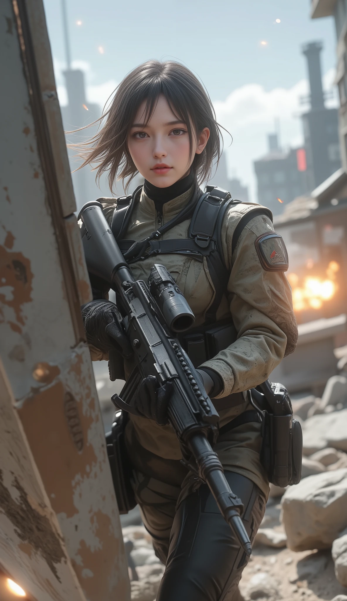 A beautiful female soldier runs through the battlefield , Aim for the target point while evading stray bullets, Hold a high-performance assault rifle and hide yourself in a shield, An urban area ruined by endless explosions , Dramatically express the tension and loneliness depicted on the battlefield , The harsh reality of facing life , Please create a precious aesthetic that maintains reason as a human ,
