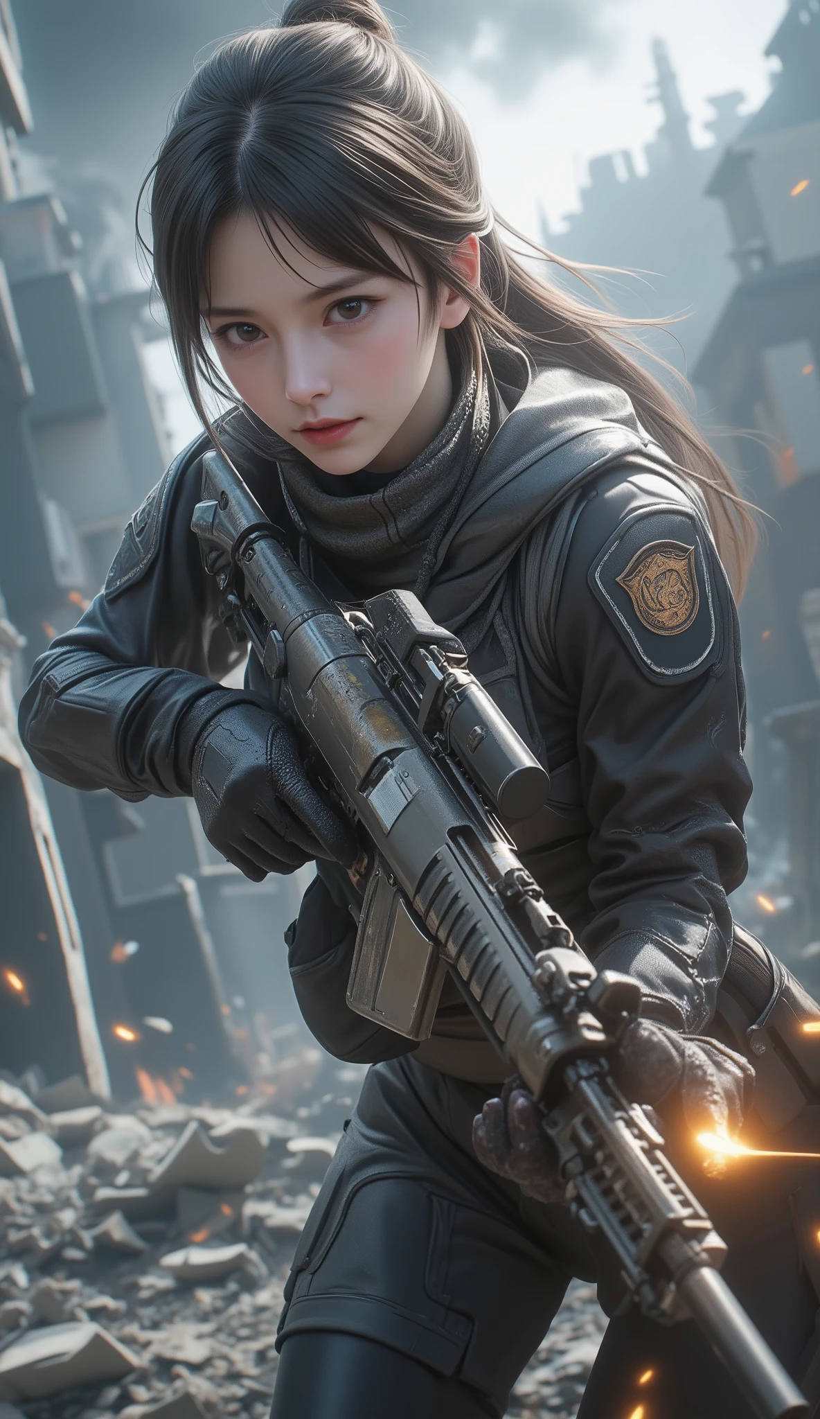 A beautiful female soldier runs through the battlefield , Aim for the target point while evading stray bullets, Hold a high-performance assault rifle and hide yourself in a shield, An urban area ruined by endless explosions , Dramatically express the tension and loneliness depicted on the battlefield , The harsh reality of facing life , Please create a precious aesthetic that maintains reason as a human ,