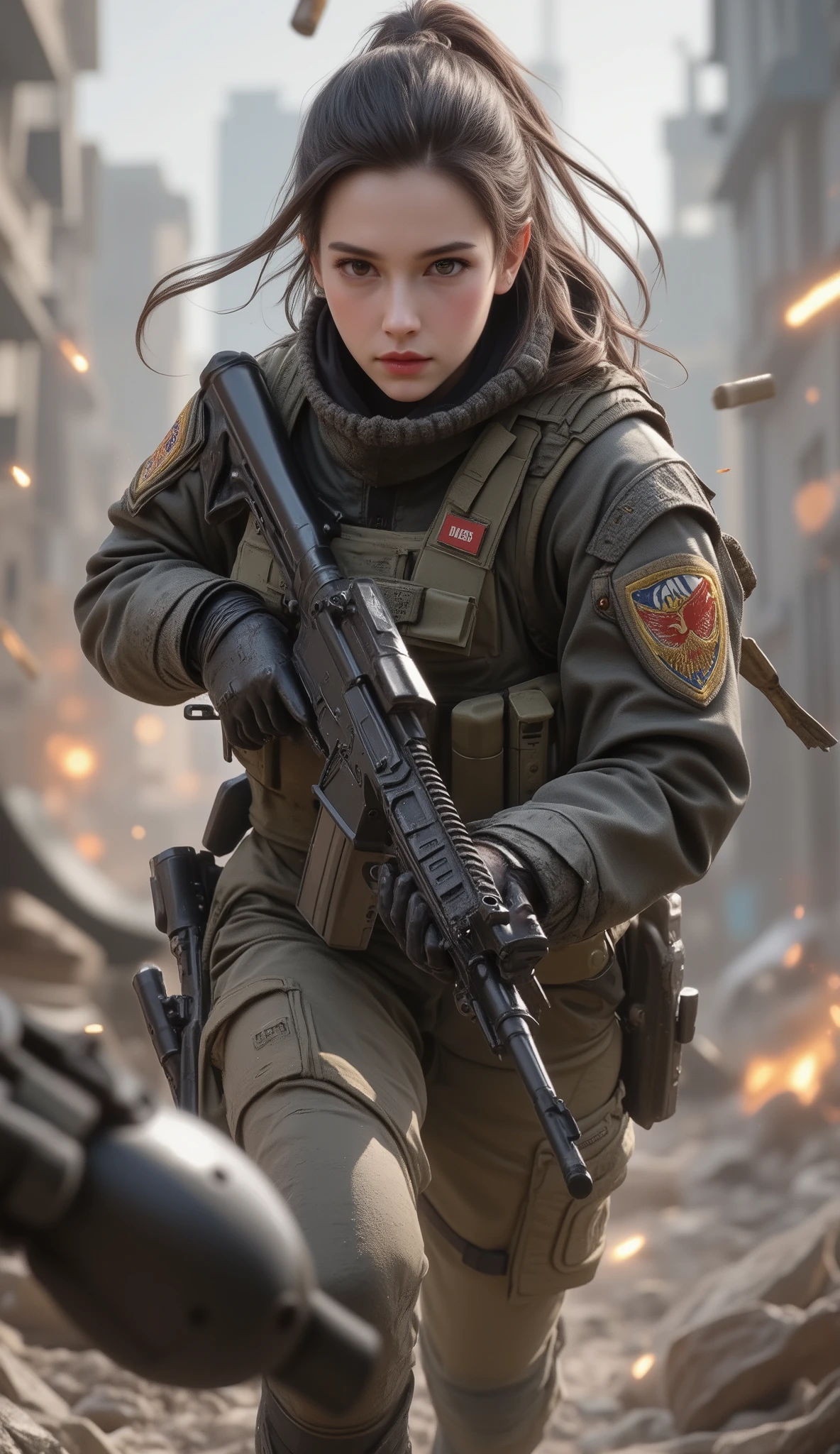 I'm aiming at this point with my muzzle, from below, A beautiful female soldier runs through the battlefield , Aim for the target point while evading stray bullets, Hold a high-performance assault rifle and hide yourself in a shield, An urban area ruined by endless explosions , Dramatically express the tension and loneliness depicted on the battlefield , The harsh reality of facing life , Please create a precious aesthetic that maintains reason as a human , concentrated, a fierce battle told by strong eyes that confront tension and fear,