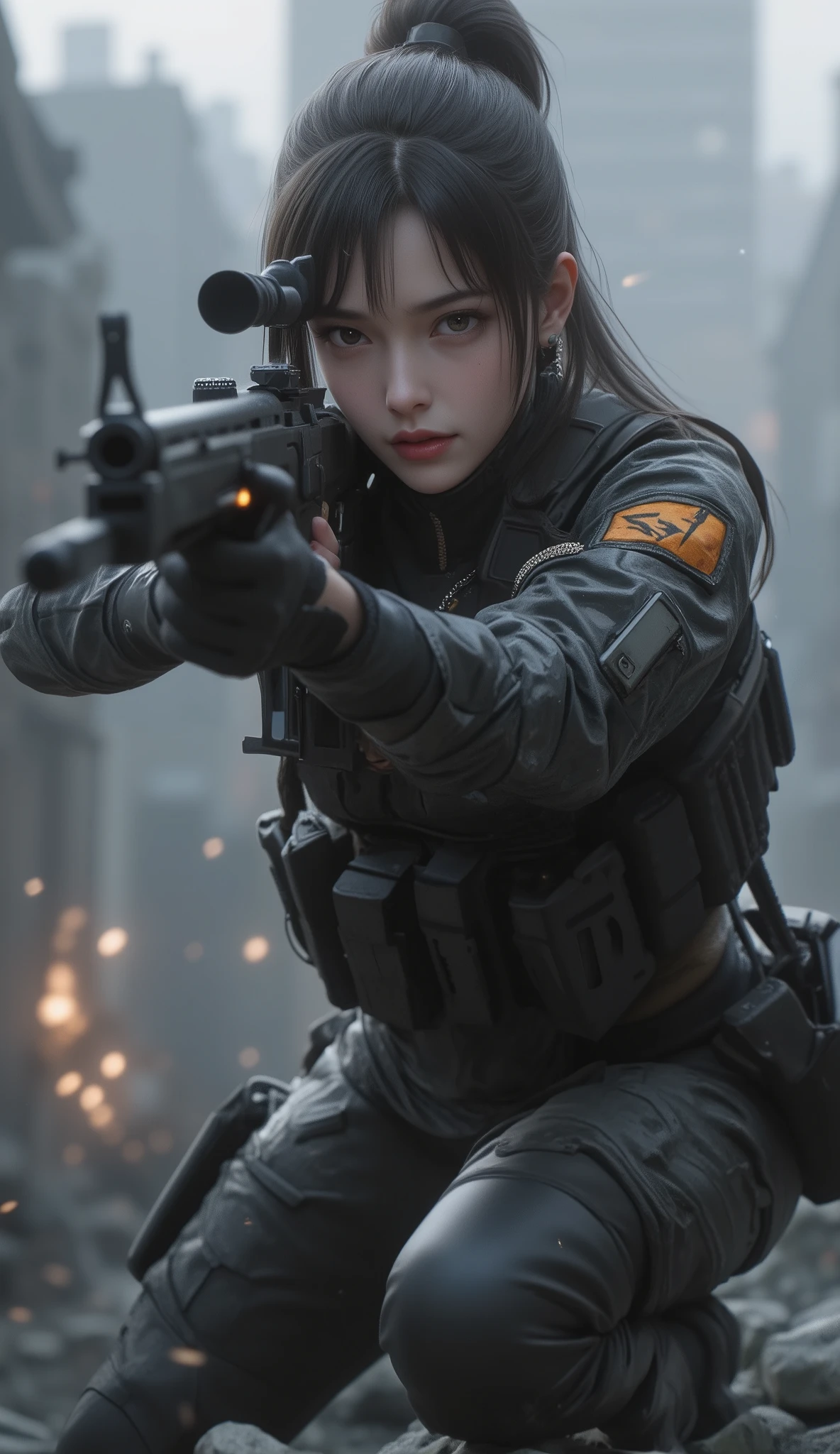 I'm aiming at this point with my muzzle, A beautiful female soldier runs through the battlefield , Aim for the target point while evading stray bullets, Hold a high-performance assault rifle and hide yourself in a shield, An urban area ruined by endless explosions , Dramatically express the tension and loneliness depicted on the battlefield , The harsh reality of facing life , Please create a precious aesthetic that maintains reason as a human ,