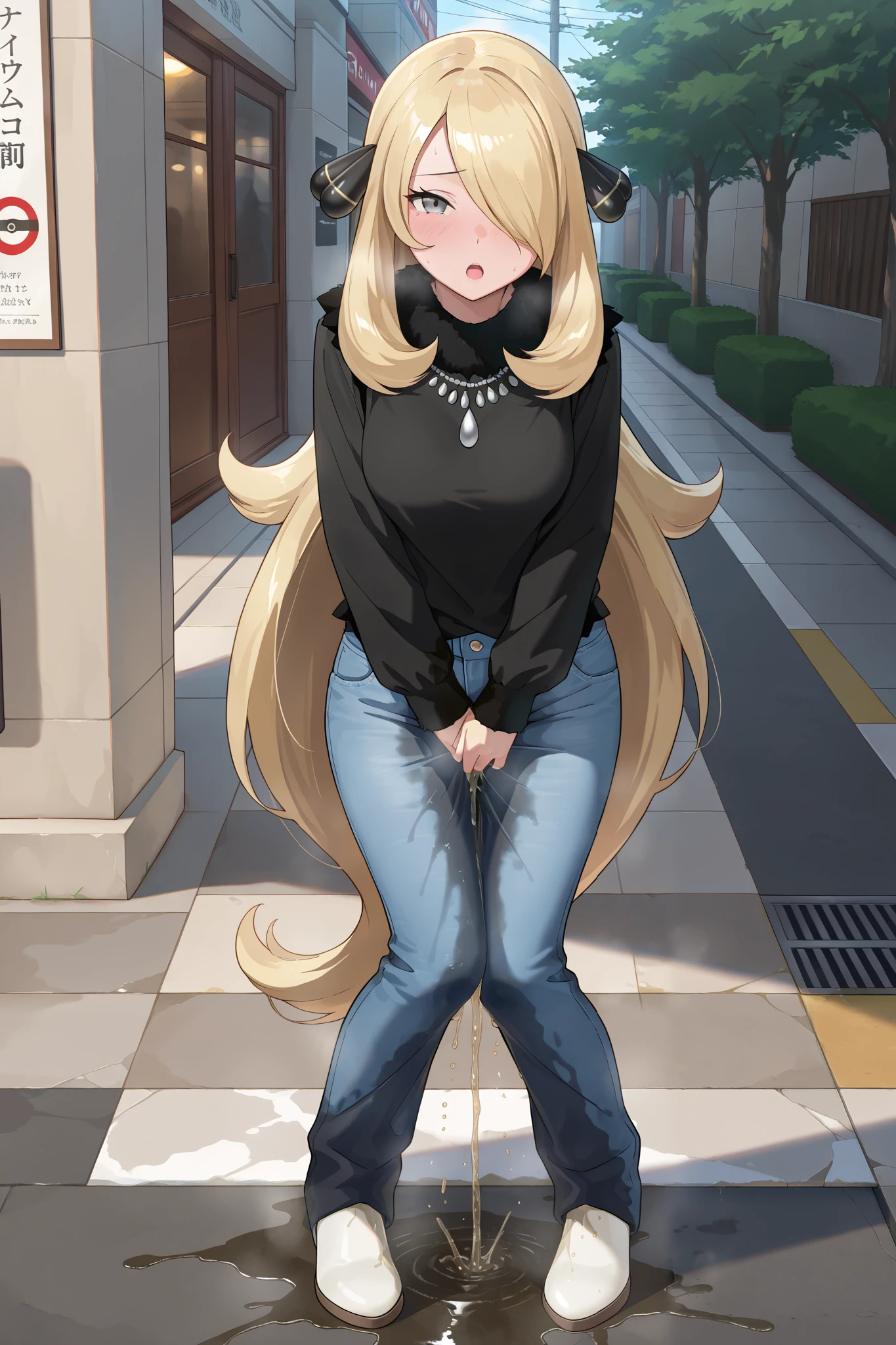 masterpiece, best quality, amazing quality, 1girl, youthful female, cynthia from pokemon, (wetting herself:1.8), desperation, (large pee stain:1.0), blue denim pants, casual winter outfit, winter footwear, medium breast, looking at viewer, :O, outdoor setting in february in scandinavia, full body, absurdres, Fashion photography